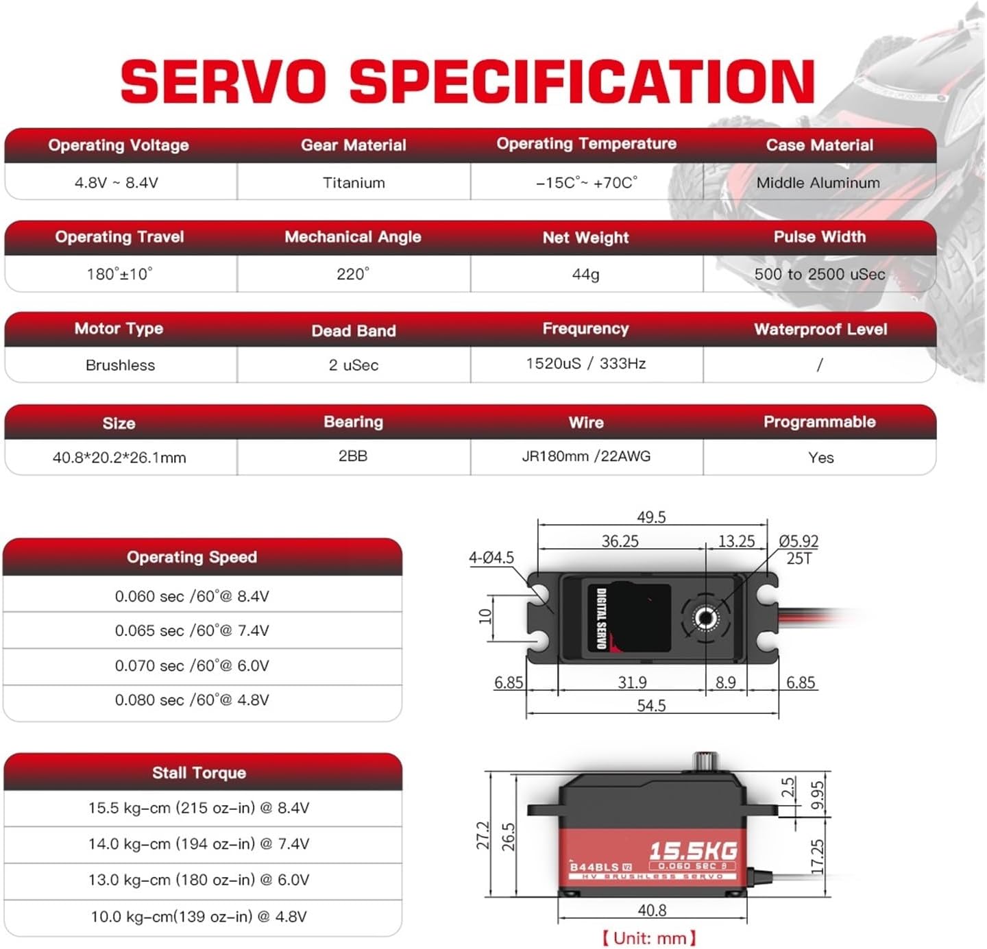 B44BLS V2 45g Gear Super High Speed ​​0.062 sec 15.5KG Low Profile Brushless Digital Remote Control Servo Suitable for 1/10(B44BLS V2 Set2)