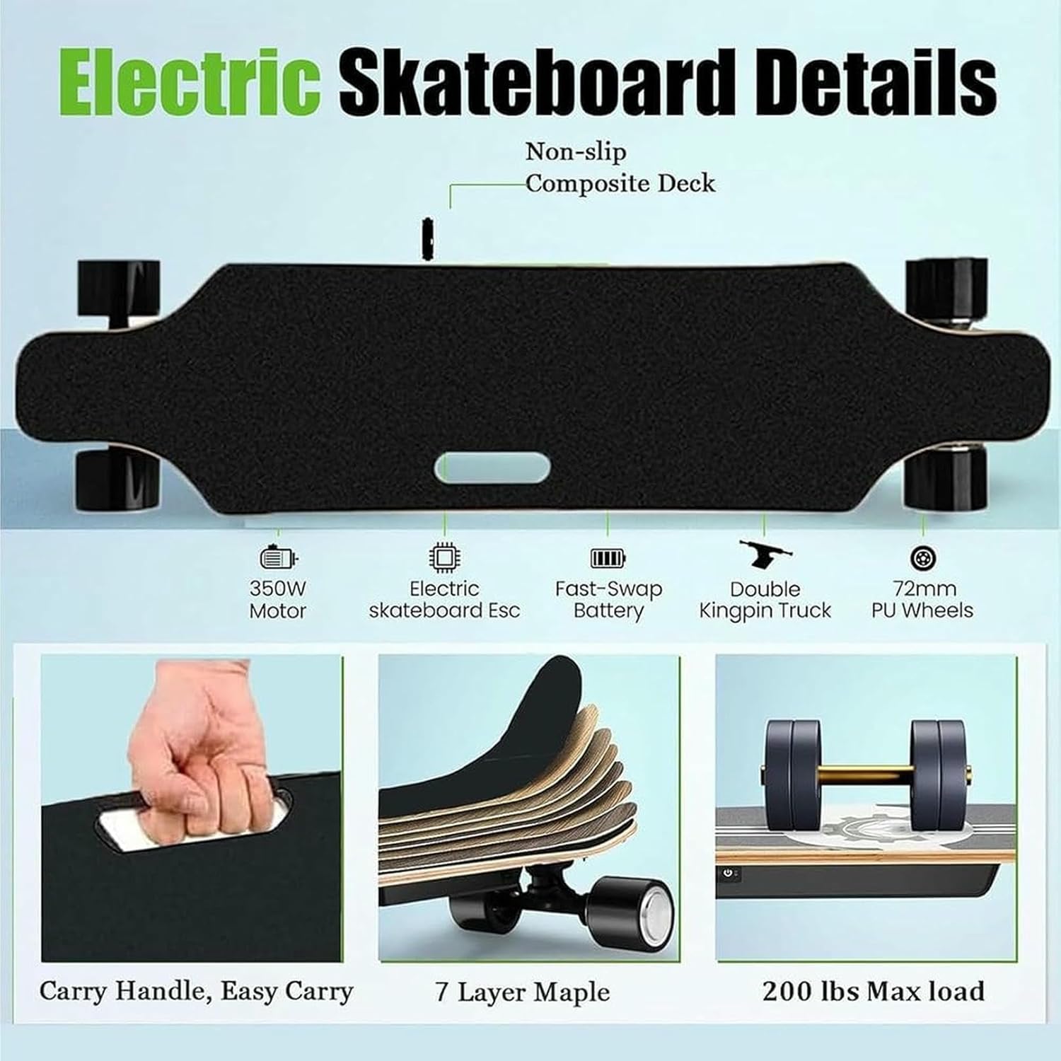 All-Terrain Electric Longboard, 25 km/h top Speed and 15 km Range, Electric Skateboard with 4-Speed Remote Control, 330 lb Load Capacity