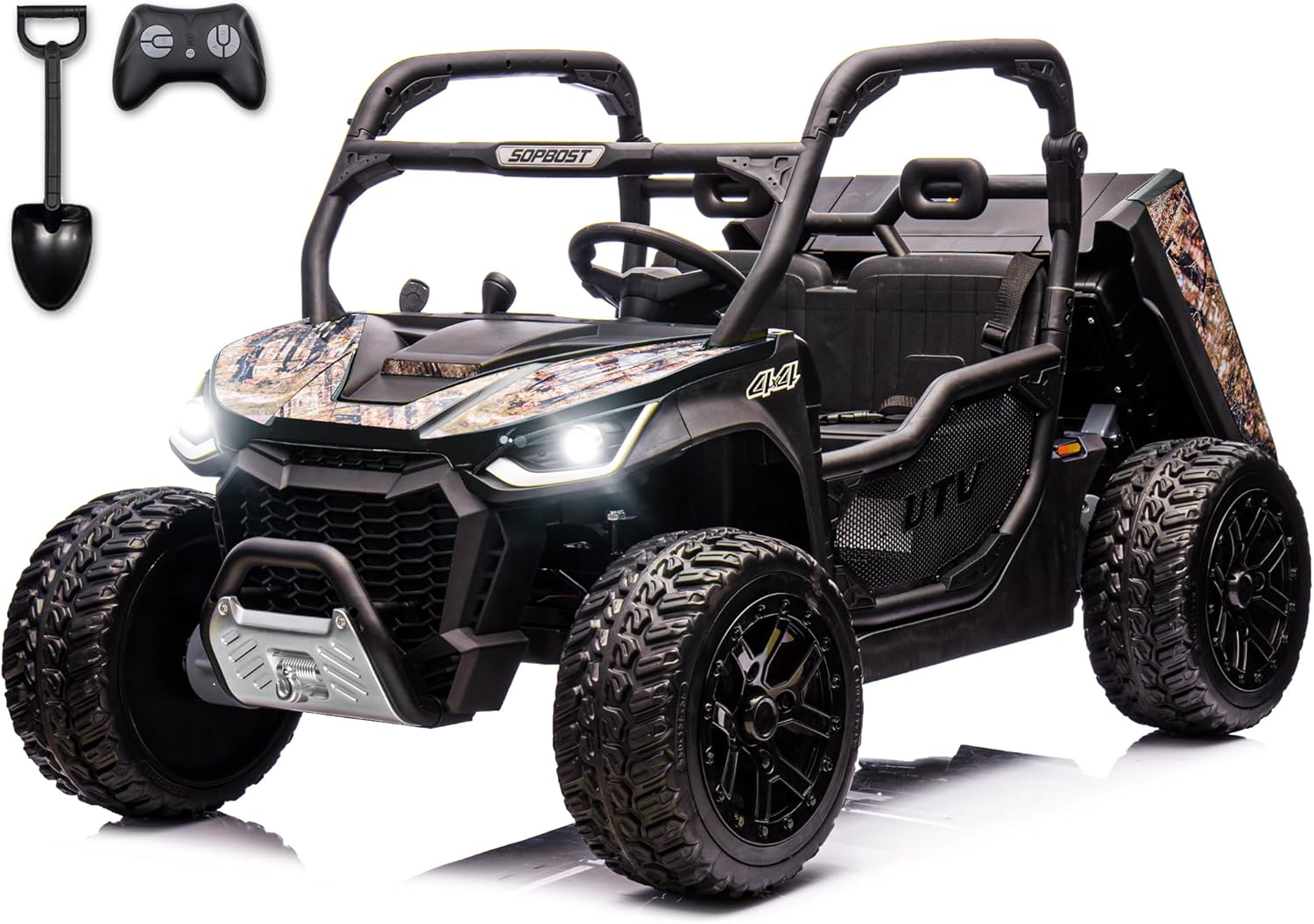 2 Seater 24V 10Ah Ride On Dump Truck Kids UTV with EVA Tires Ride on Toys for Big Kids with Remote Control 4WD Ride on Car Side by Side Truck with Electric Dump Bed, Shovel, Camo Black