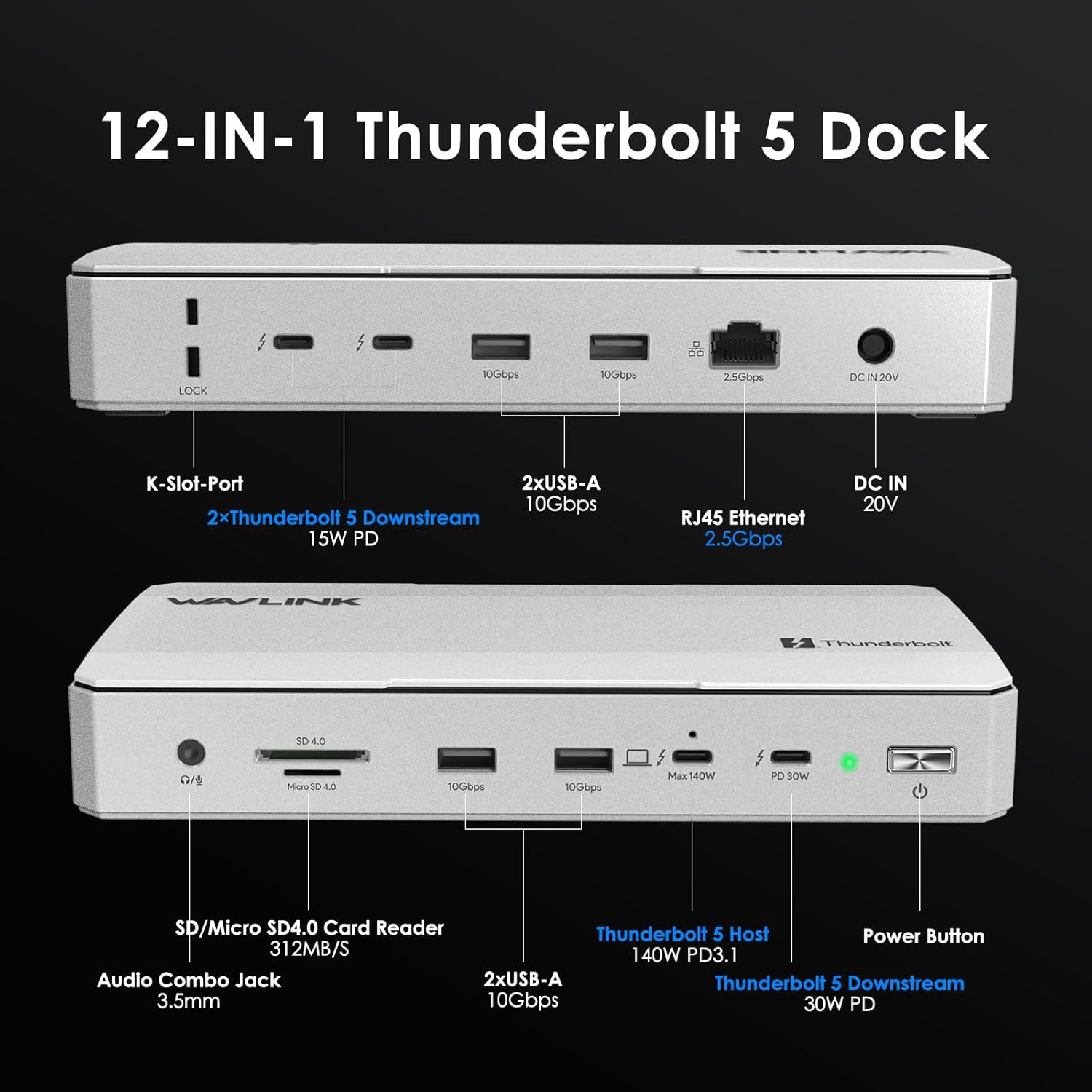 WAVLINK Intel Certified Thunderbolt 5 Docking Station: TB5 Dock with 120Gbps Max Transfer, Thunderbolt 5 hub with 140W Max Charging, 4X USB-A 3.2 Gen 2, Cooling System, 8K Display for TBT 5/4 Laptops