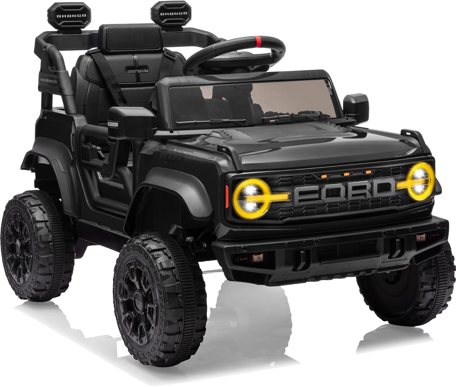 First Ride On 12V Ride on Toys for Kids, Licensed Ford Bronco Raptor Children Electric Vehicles, Toddler Battery Powered Car with Double Doors, 3 Point Safety Belt, Led Lights (12V, Black)