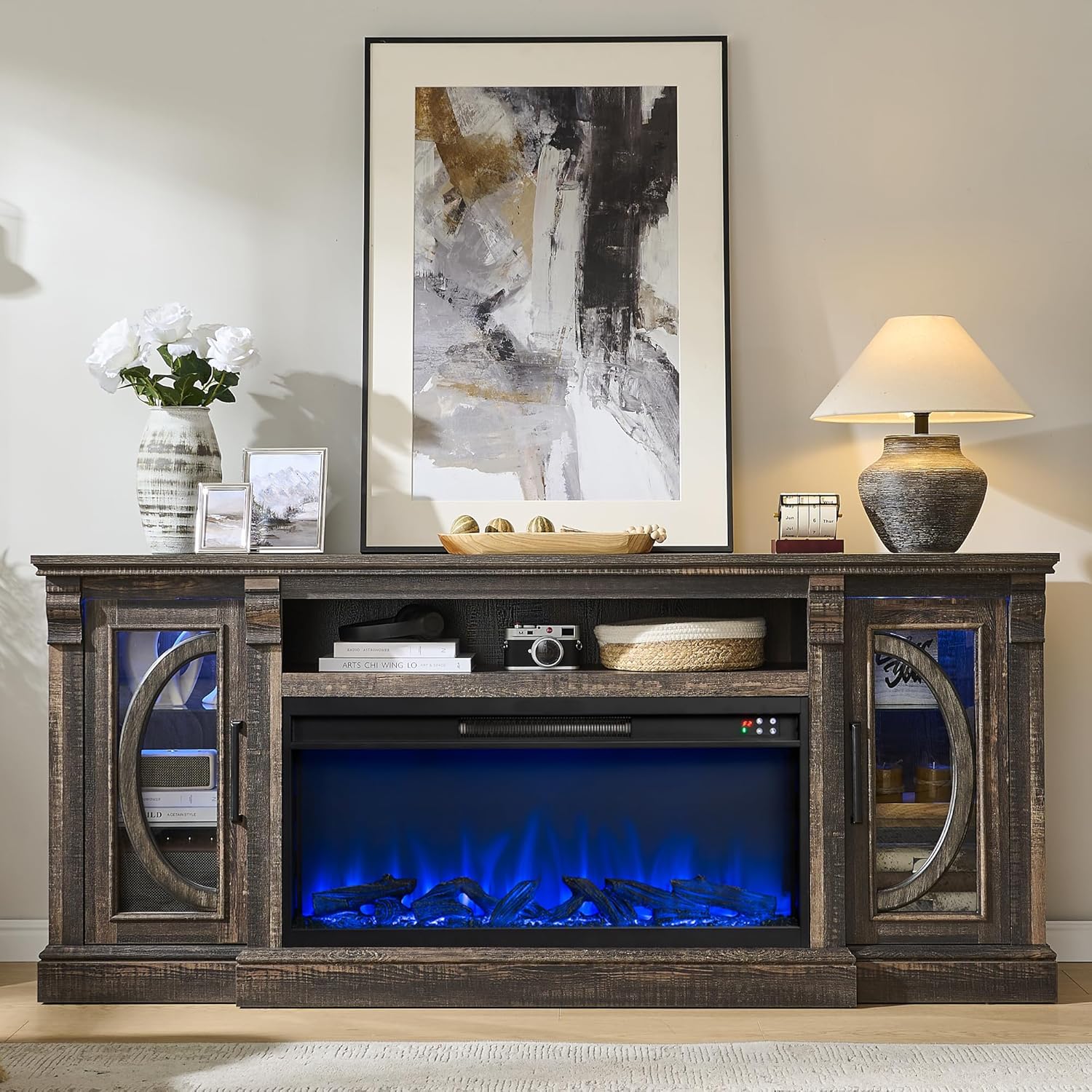 Unineo Crescent TV Stand with Fireplace for up to 80 Inch TV