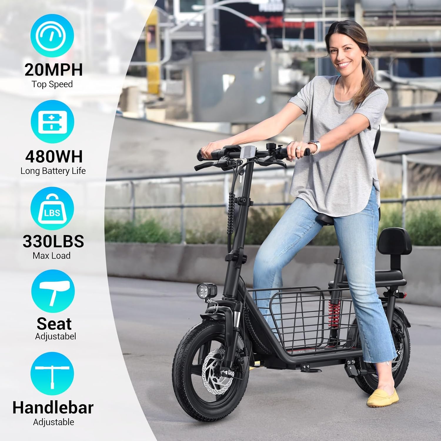 SEHOMY 2 Seater Electric Scooter for Adults 330lbs, Folding Escooters with Seat, 850W Peak Motor, 25/20 Miles Range, 22/15.5 MPH, Storage Basket, Electronic City Commuter Bike Motor Scooters