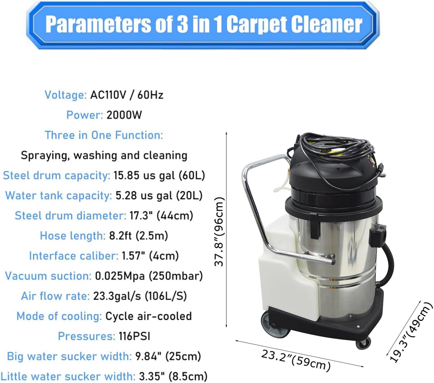 Yokoma 60L Commercial Carpet Cleaning Machine 3 in 1 Carpet Cleaning Machine 15.85gal Heavy Duty Sofa Cleaner Upright Commercial Sofa Cleaner with Spraying, Washing, Drying Functions, AC110V
