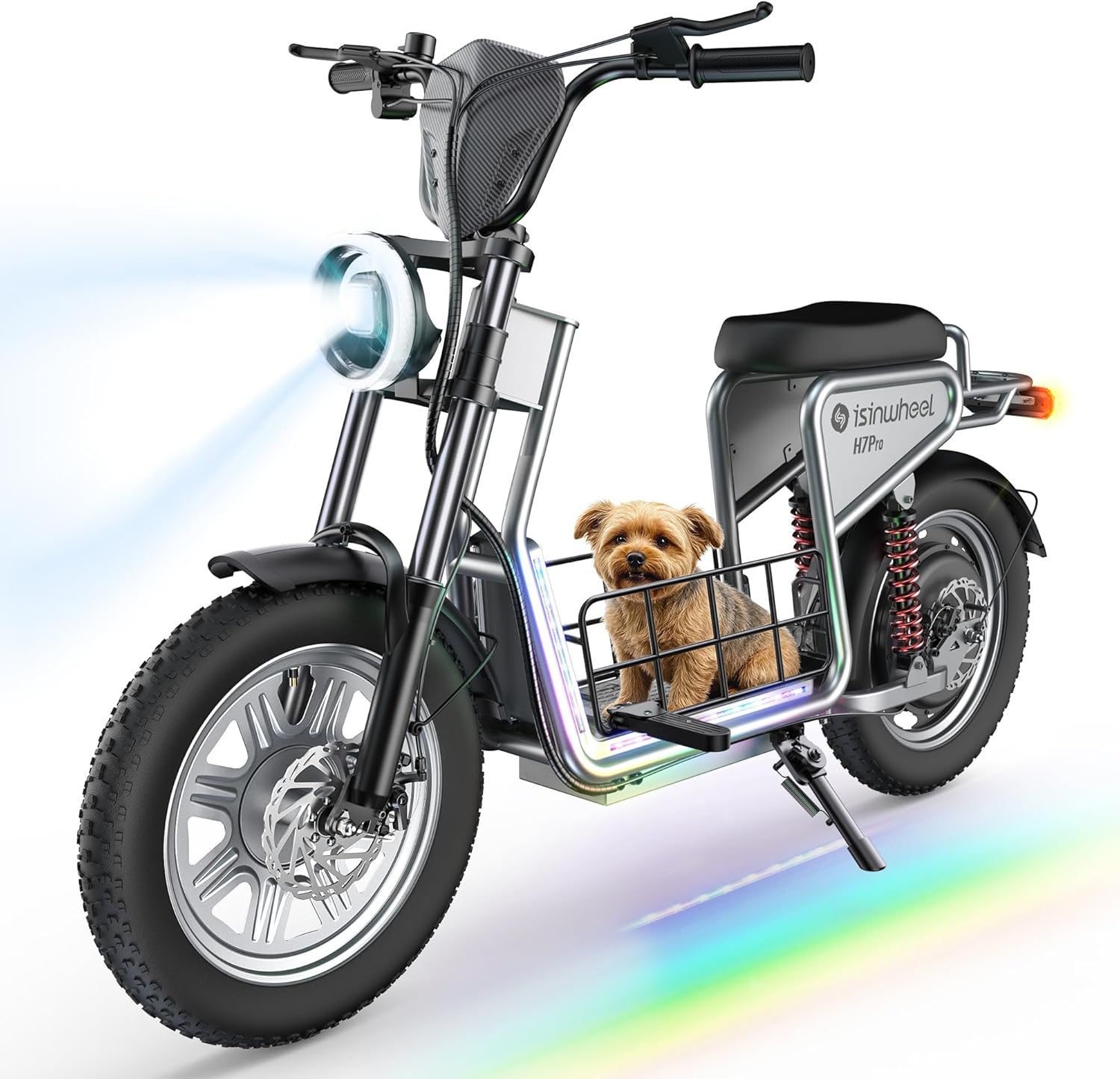 isinwheel Electric Scooter with Seat, 43/28 Miles Range & 38/21 MPH High Speed, 16/14'' Fat Tire Scooter for Adult with Mood Lights, Smart APP & NFC Start, 1200/750W Motor E Scooter