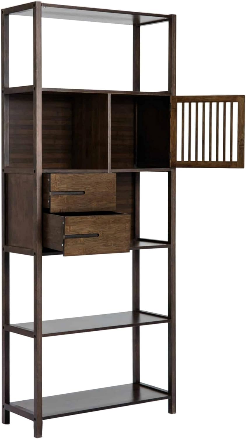 Benjara BM274297 68 in. Axa Bamboo Shelf Bookcase with Cabinet - Right Facing Dark Brown