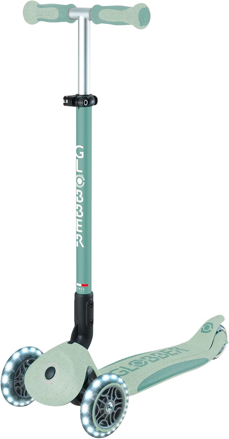 Globber - GO•UP Deluxe Lights ECO 360-3-Wheel Scooter with 360° Rotatable Seat, Footrest, LED and Durable Materials, 15 Months to 6 Years - Pistachio Green