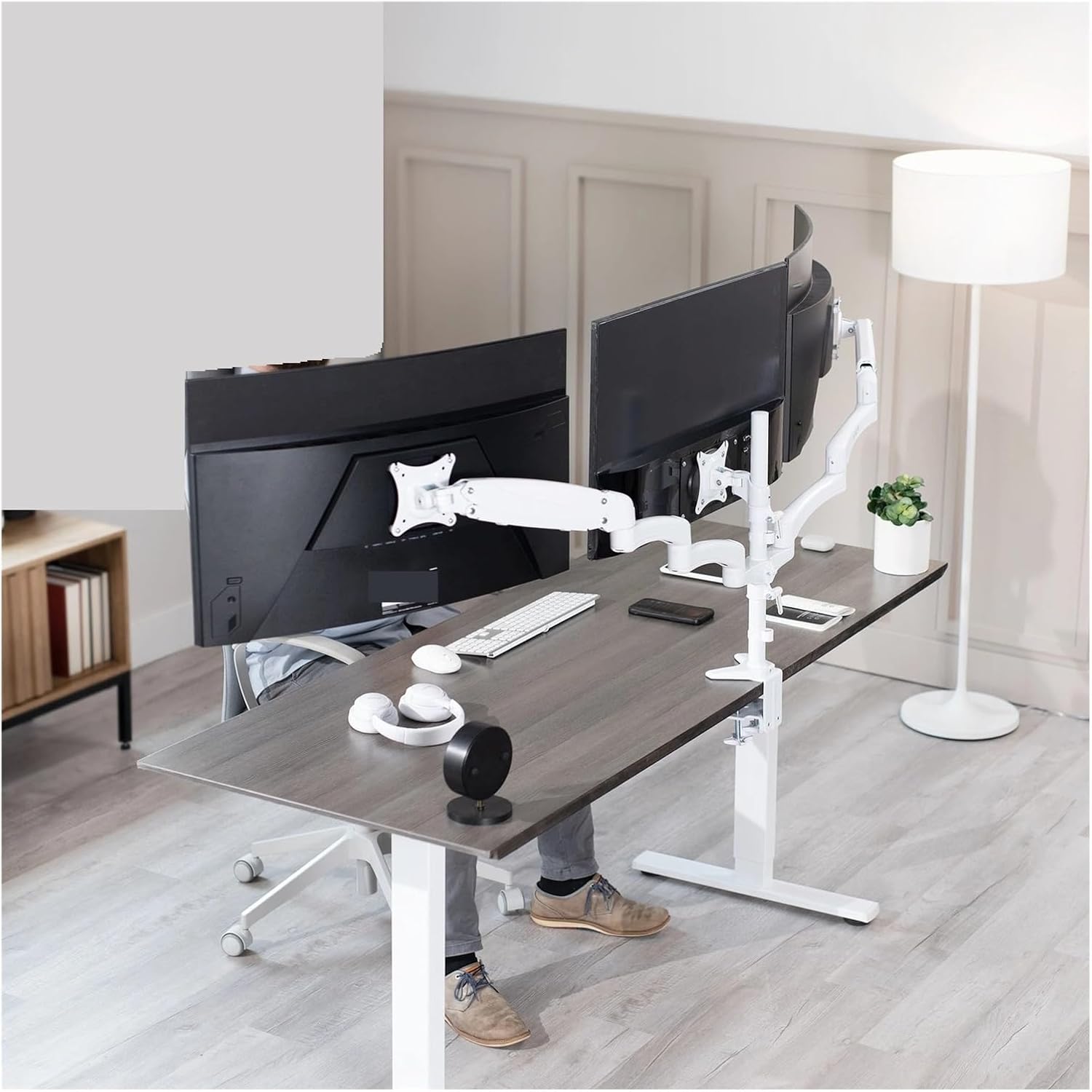 White Triple Monitor Stand, 2 Pneumatic arms + 1 Fixed, 3 Screens up to 32 inches