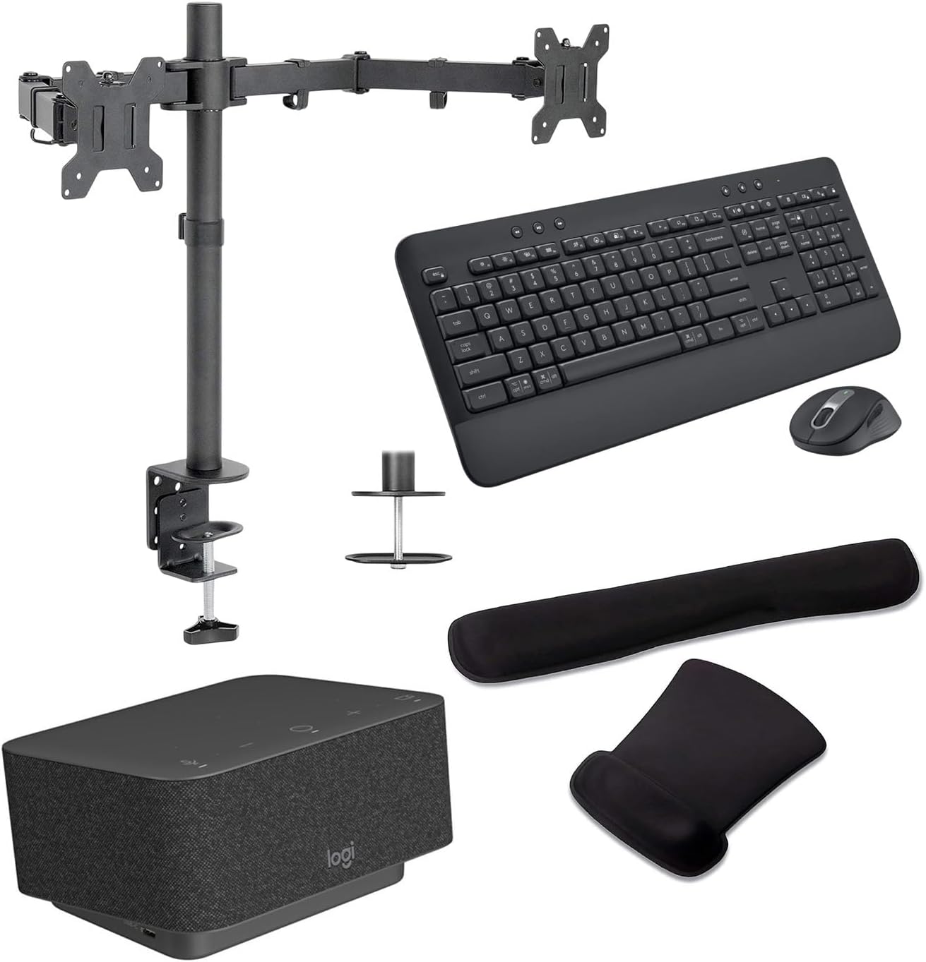 Logitech Docking Station 100W Dock in Graphite Gray, 4K Support and USB HubDesk Bundled with Mount Dual Monitor Stand, MK650 Wireless Keyboard and Mouse, Gel Mouse & Wrist Pad