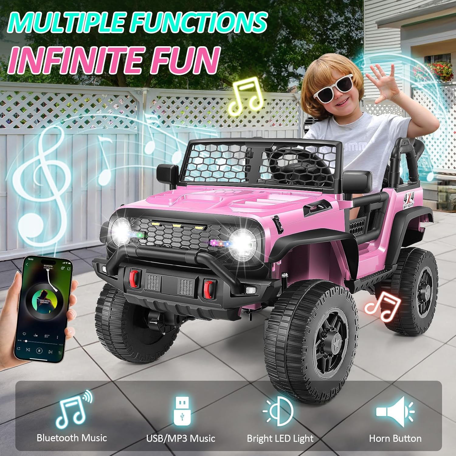 Hikole 24V Kids Ride on Car with Remote Control, 4×100W, Ride on Toys, 2 Kids Side by Side, Electric Truck w/2 Hooks, Safety Belt, Steering Wheel, Real Driving Experience, Shovel, Music, Pink