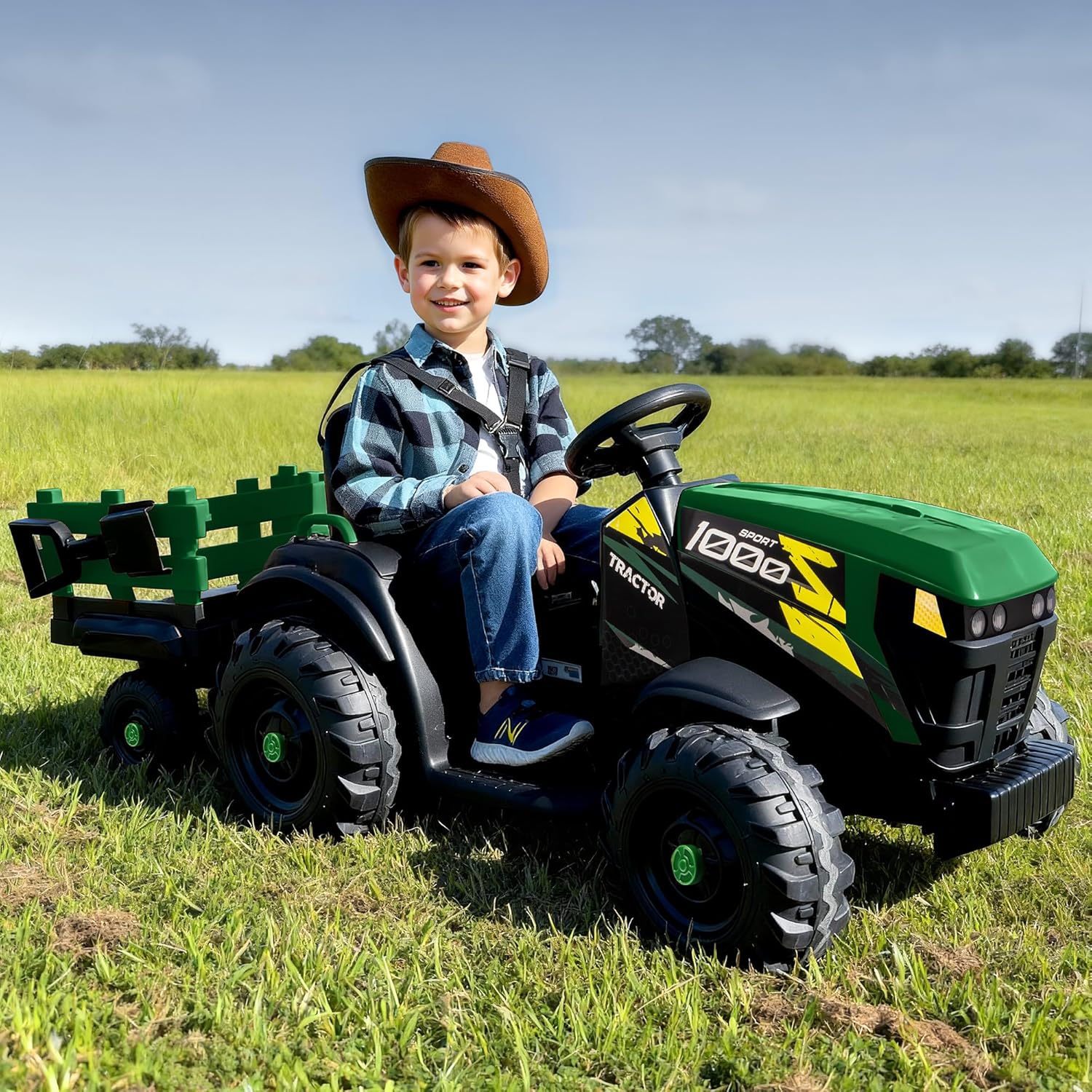 24V Kids Ride on Tractor Toy, Electric Tractor for Kids 3-8 with Trailer, 2x200W Motors - Green