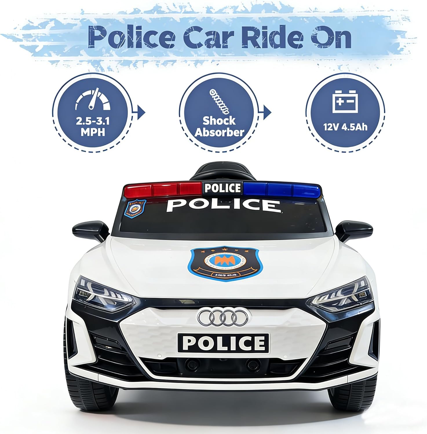 Audi Officially Licensed 12V Kids Police Ride On Car with Remote Control, Flashing Lights, Siren & Megaphone, Rocking Mode, Leather Seat, 3 Speeds, Battery Powered Electric Vehicle for Boys & Girls