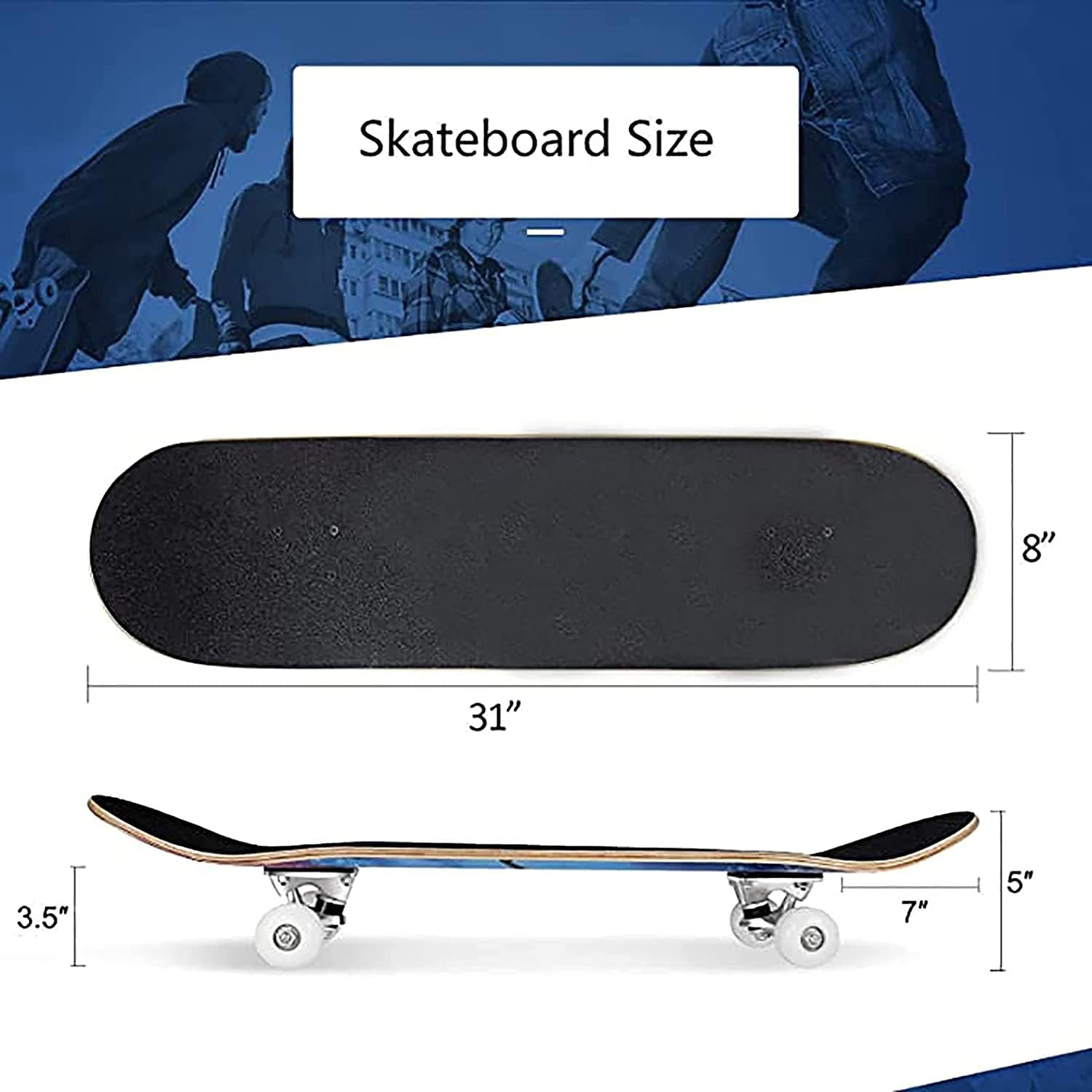 Four-Wheel Skateboard 7-Layer Maple Deck Skateboard Beginner Professional Standard Double Kick Board Suitable for Adults and Teenagers 31 inches X 8 inches