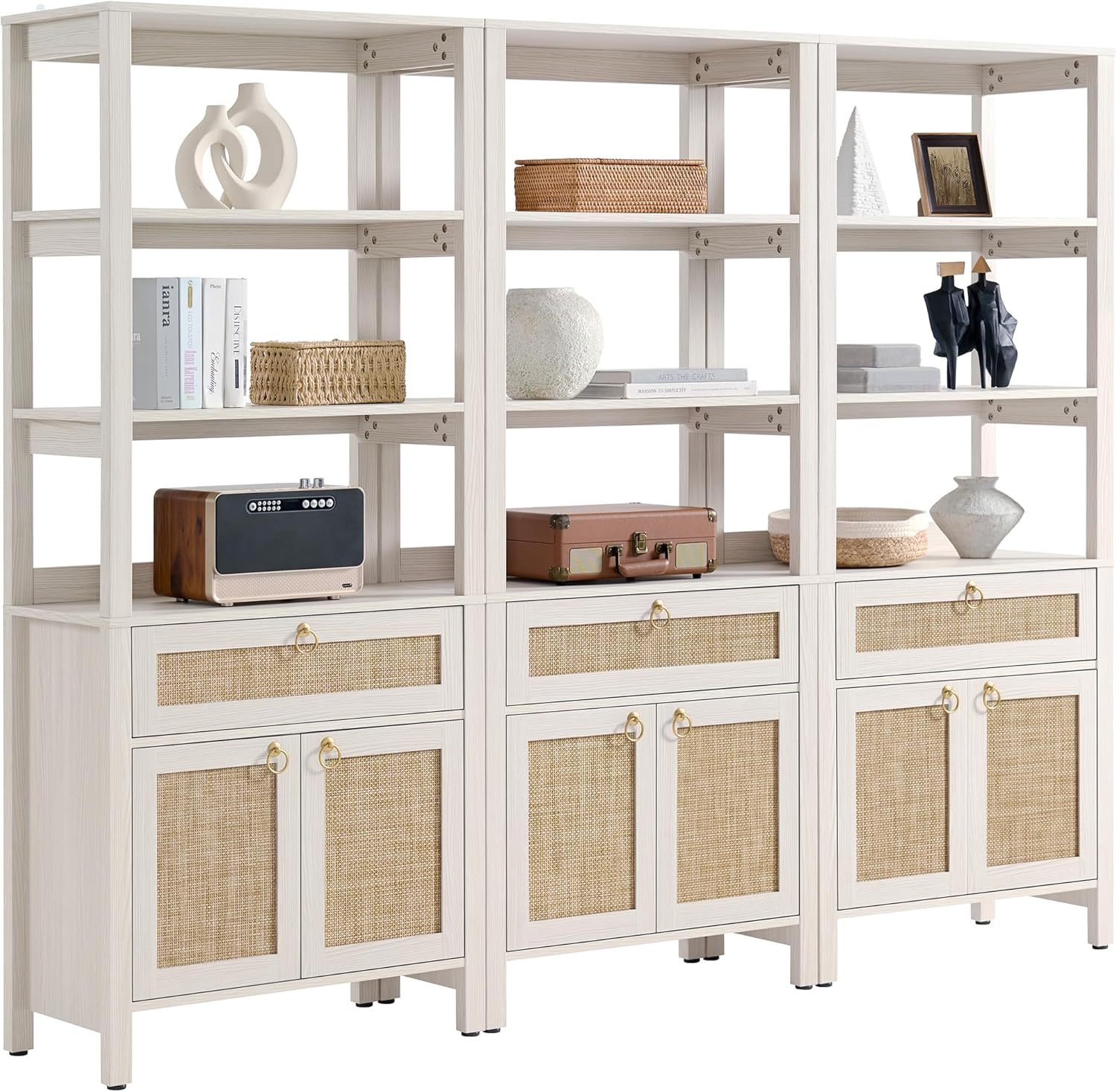 SICOTAS White Bookshelf with Drawer and Doors, Rattan Bookshelf with Round Gold Handle, 3 Tier Shelf for Storage, 68.5