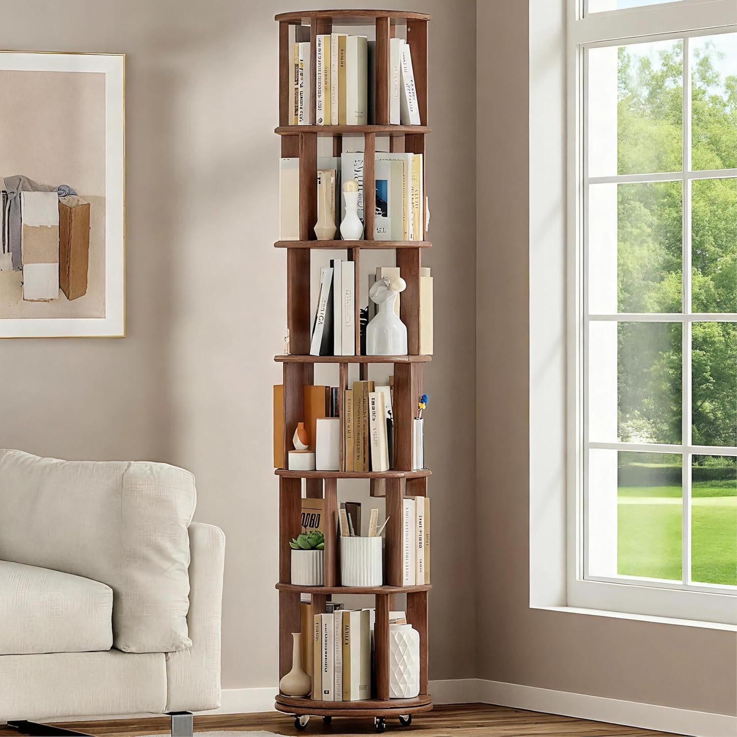 Yumi Muasy Rotating Bookshelf Tower - 6 Tier, 360° Spinning Bookcase, Solid Wood Construction,for Small Spaces, Corner, Bedroom, Office, Walnut Finish