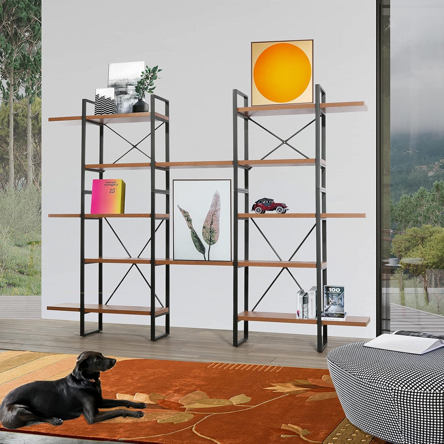 Adjustable Jd Walnut Wood and Metal Display Steel Bookcase 94.48'' X 71.06'' 12.52'' Brown Natural Mid-Century Modern Contemporary MDF Finish