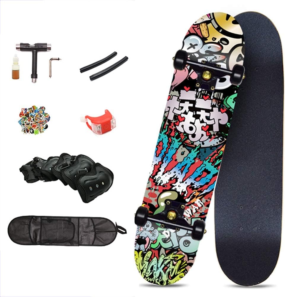 Skateboards 31 x 8 inch Complete Skateboard for Beginners 7 Layer Canadian Maple Double Kick Deck Concave Cruiser Trick Skateboard for Kids and Adults with All-in-One Skate T-Tool (G)