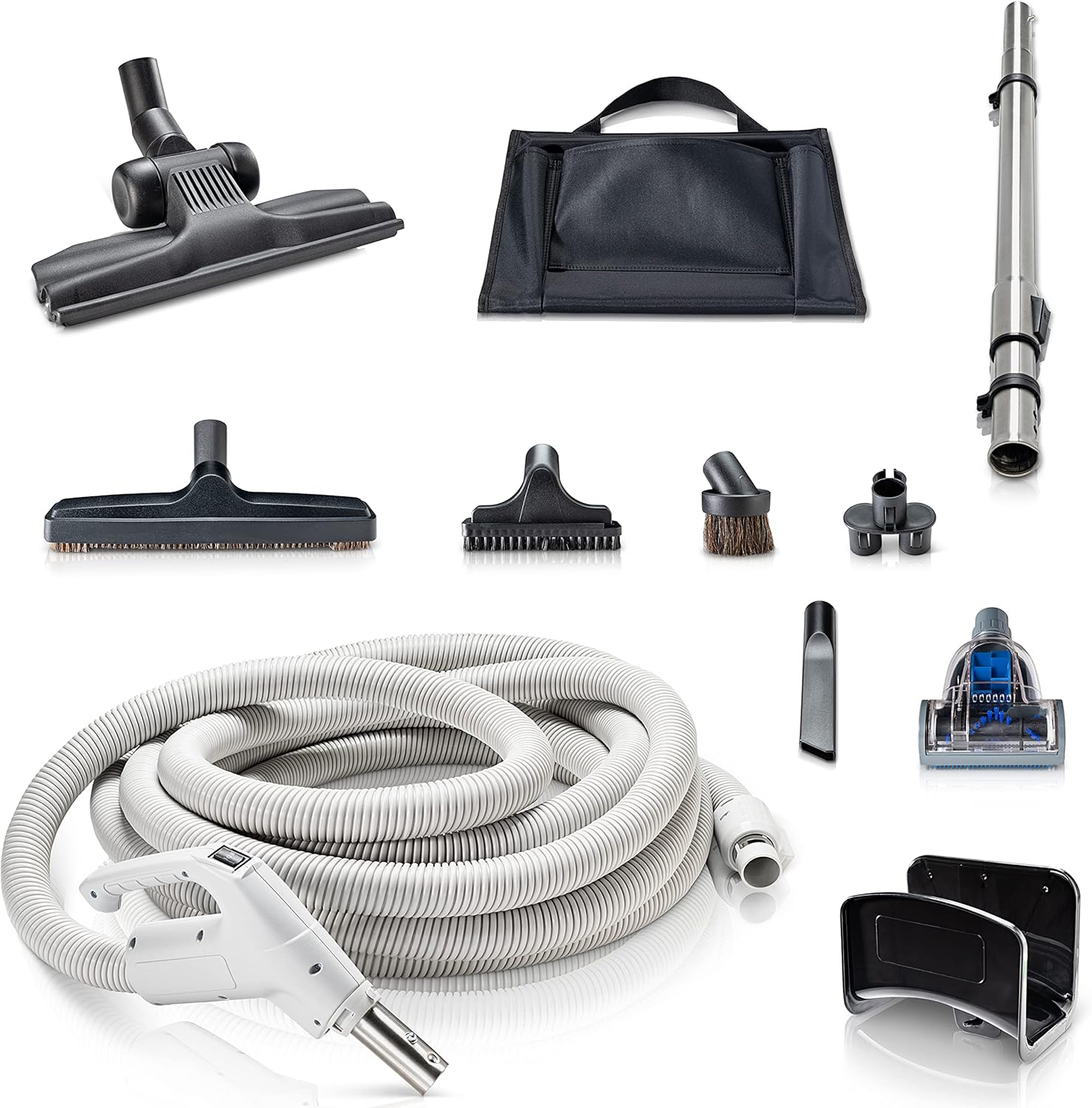 Prolux 30 ft Universal Central Vacuum Kit with Suction Driven Turbo Nozzles - Central Vacuum Hose for Versatile Cleaning on Surfaces - Convenient Central Vac Tools for Upholstery, Stairs & Hard Floors