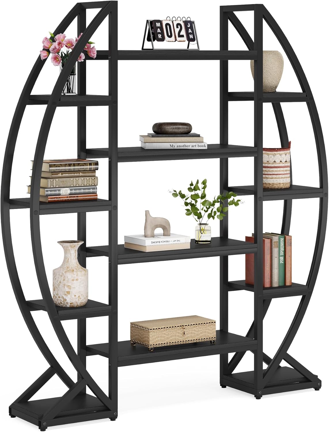 LITTLE TREE Half-Moon Shaped Bookshelf, Oval Triple Wide 5 Tiers Etagere Bookcases, Industrial Display Shelves for Living Room