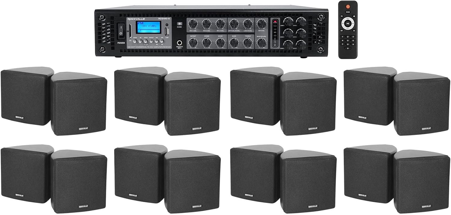 Rockville RCS180-6 Bundle: 180-Watt 6-Zone 70V Bluetooth Commercial Amplifier with USB SD FM