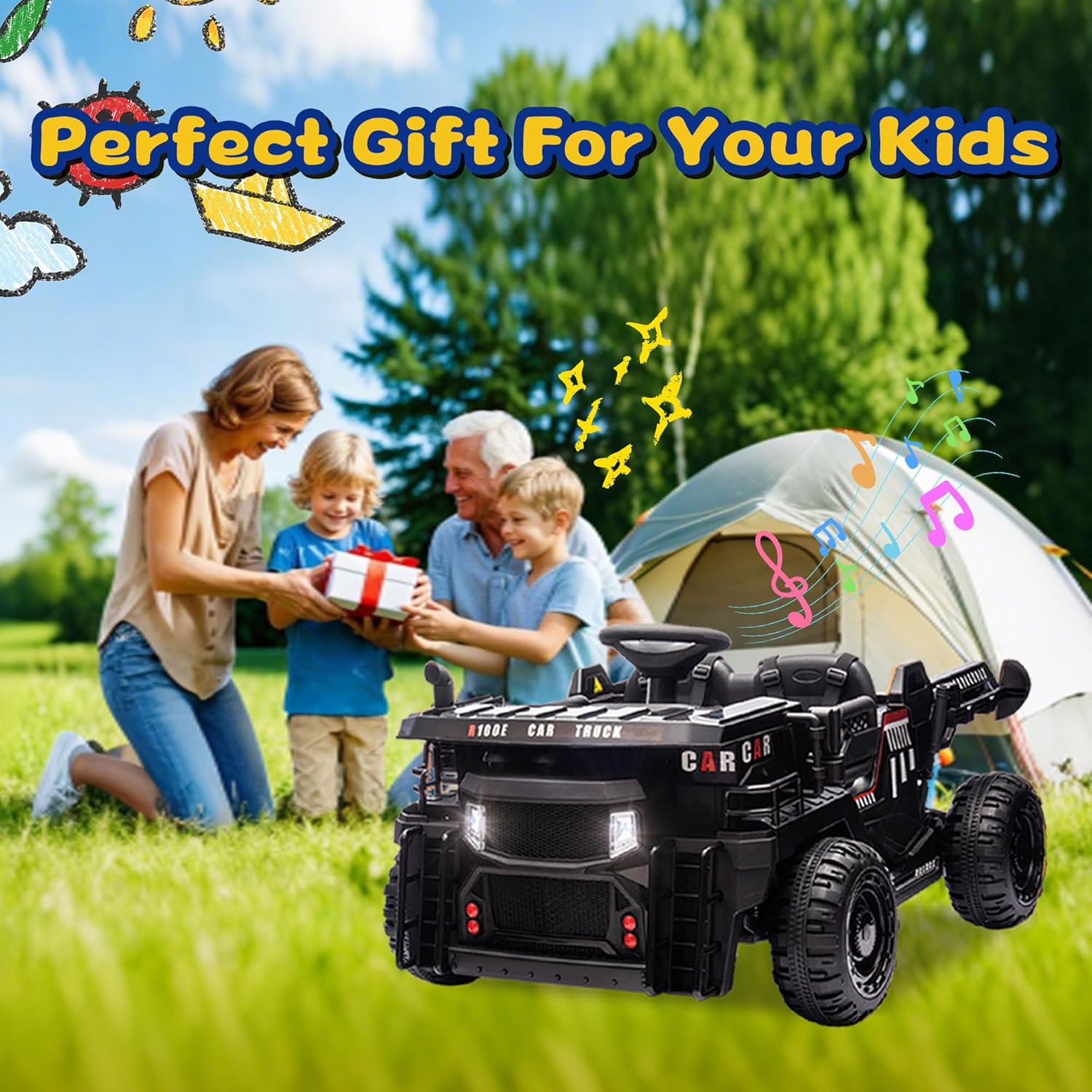 Bluefun 24V Kids Ride on Dump Truck with Remote Control, 2 Seater Kids Electric Car, 400W Power Wheels, Electric Dump Bed & Shovel, Bluetooth Music, Shock Absorption (Black)