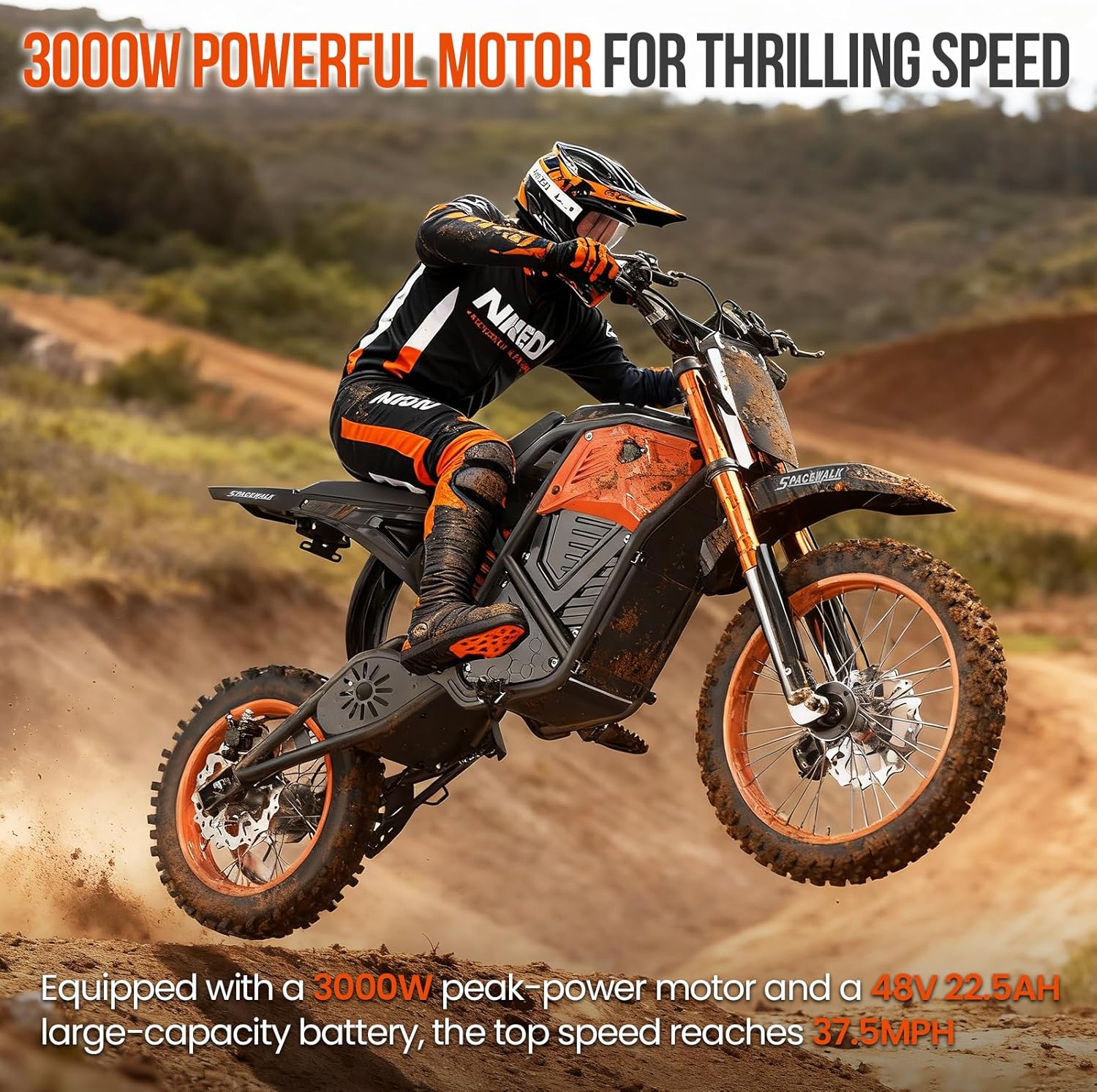 3000W High Power Electric Dirt Bike - 48V 22.5AH Battery Up to 60 Miles Range & 37.5MPH Top Speed, 14