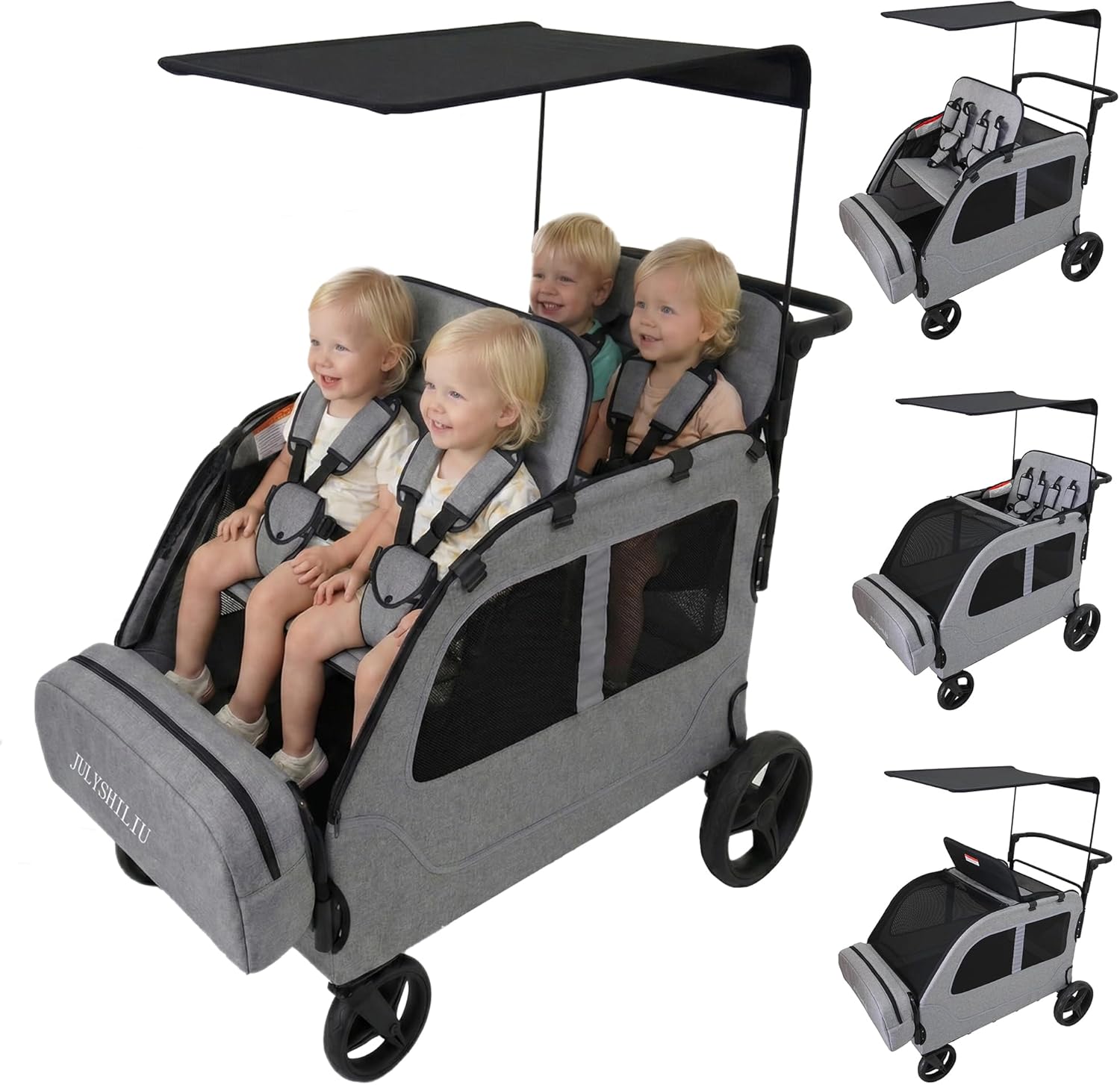 Car-Shaped 4 Seater Stroller Wagon for 2 3 Kids Foldable All-Terrain Quad Wagon with Removable Canopy, 5-Point Harness Elevated Seats, XL Storage Bag Shopping Outdoor (Light Grey)