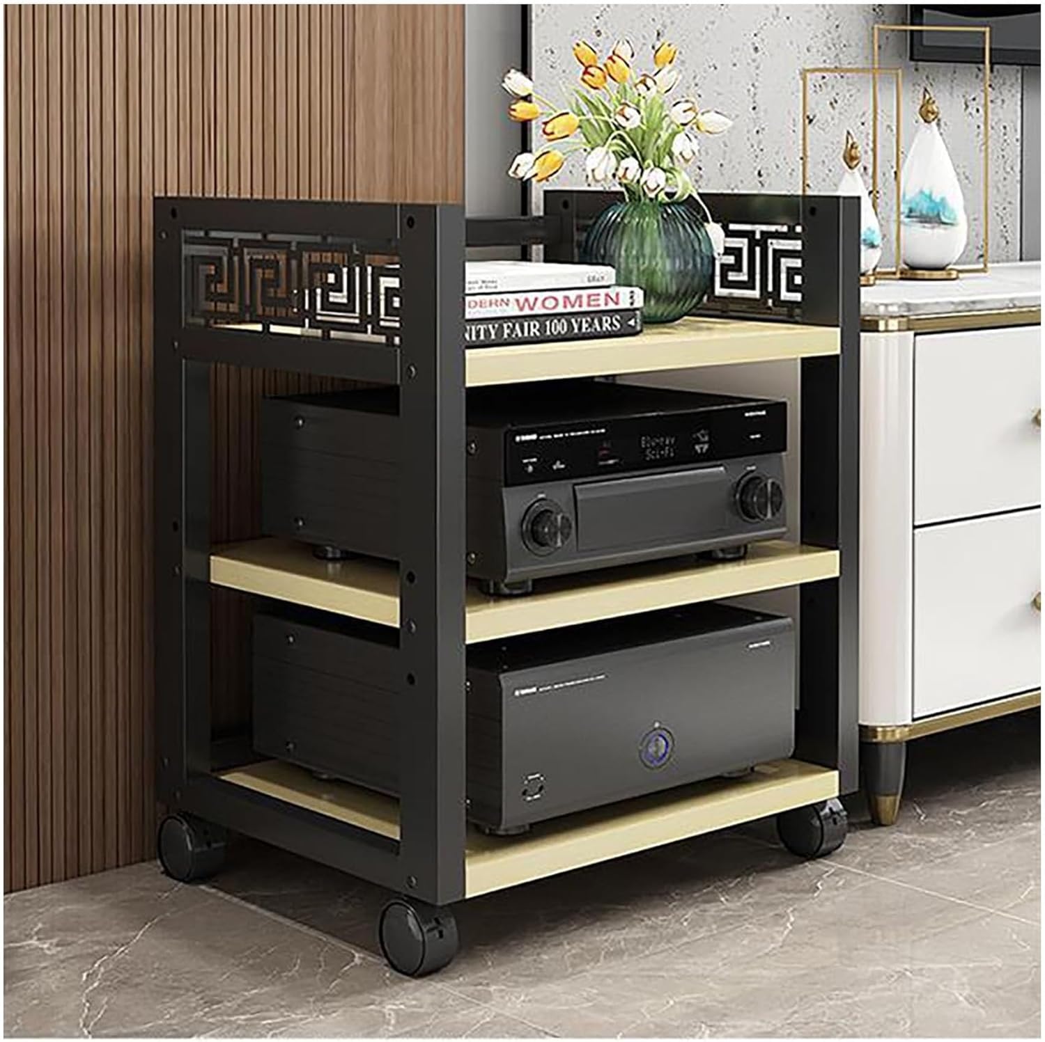 Steel Audio Stereo Rack Mobile AV Media Cabinet AV Media Stand Component Cabinet Player Stand Entertainment Stereo Components Solid Construction(Natural