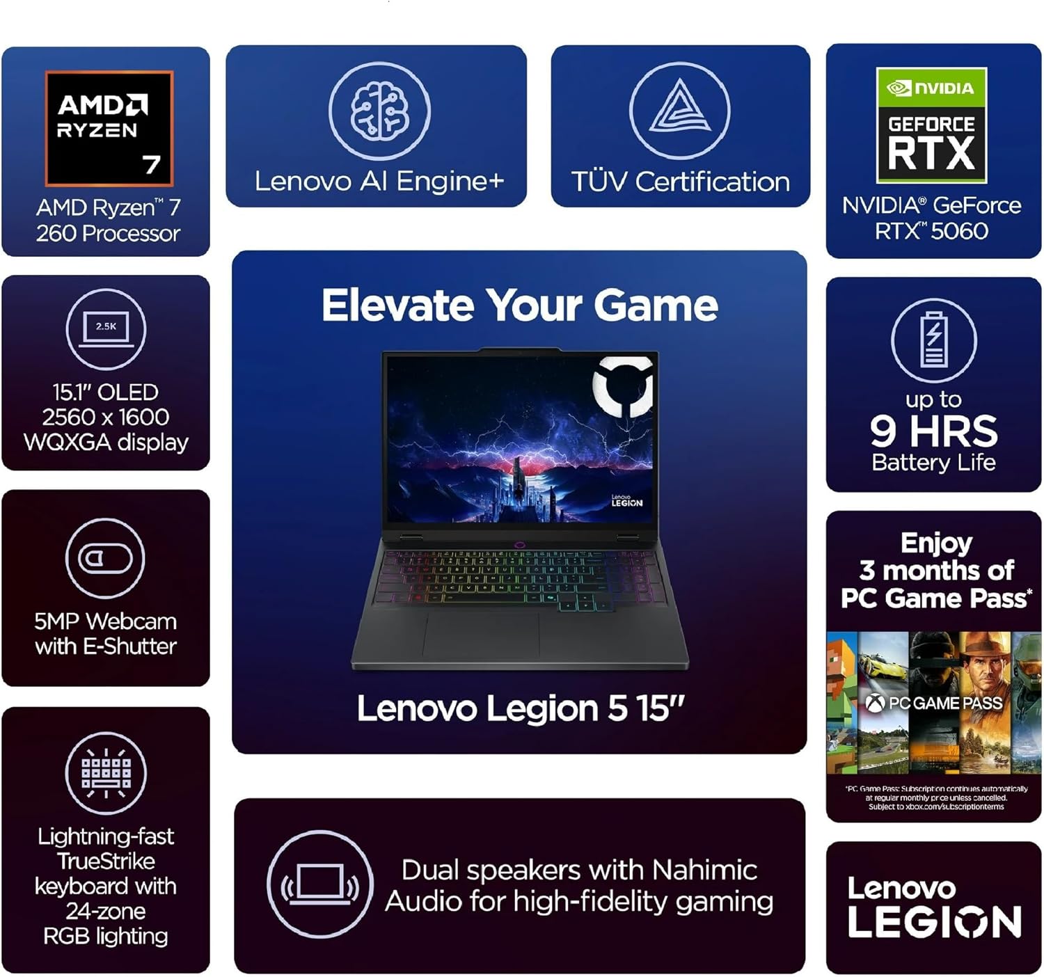 Lenovo Legion 5 Gaming Laptop, Ryzen 7 260, NVIDIA GeForce RTX 5060, 15.1