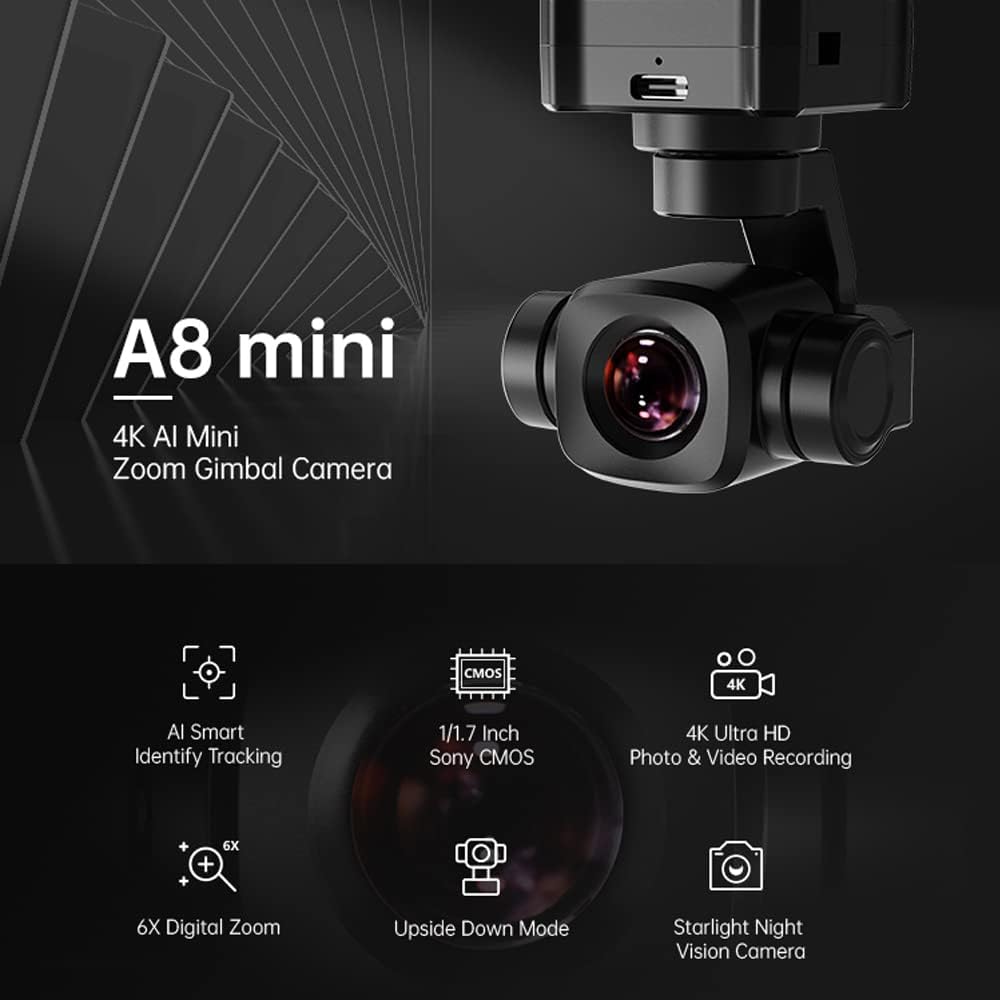 SoloGood FPV Camera SIYI A8 Mini Gimbal Camera 4K 8mp HD 6X Digital Zoom with AI Smart Identify and Tracking HDR Starlight Night Vision for UGV USV RC Plane FPV Drones Robot