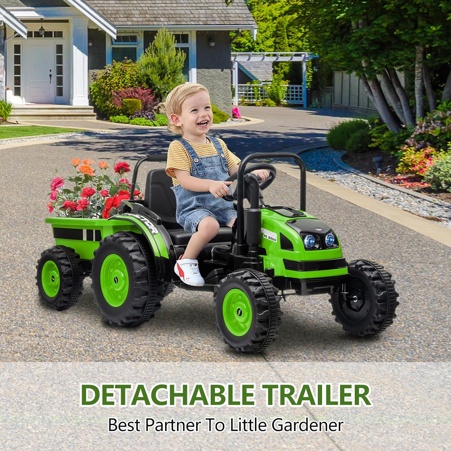Ride On Car for Kids, Ride On Tractor with Trailer, 12V Battery Powered Electric Tractor with Remote Control, 35W Dual Motors, Music, USB, LED Lights, Audio, Safety Belt, Toys for Boys Girls
