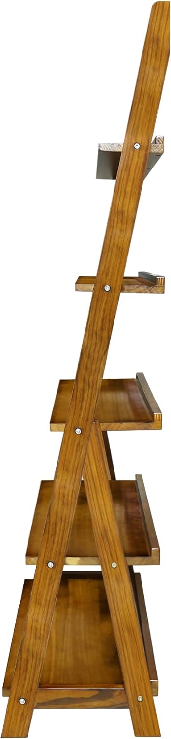 Amber Solid Wood 5-Shelf Freestanding A-Frame Ladder Bookcase, Warm Brown