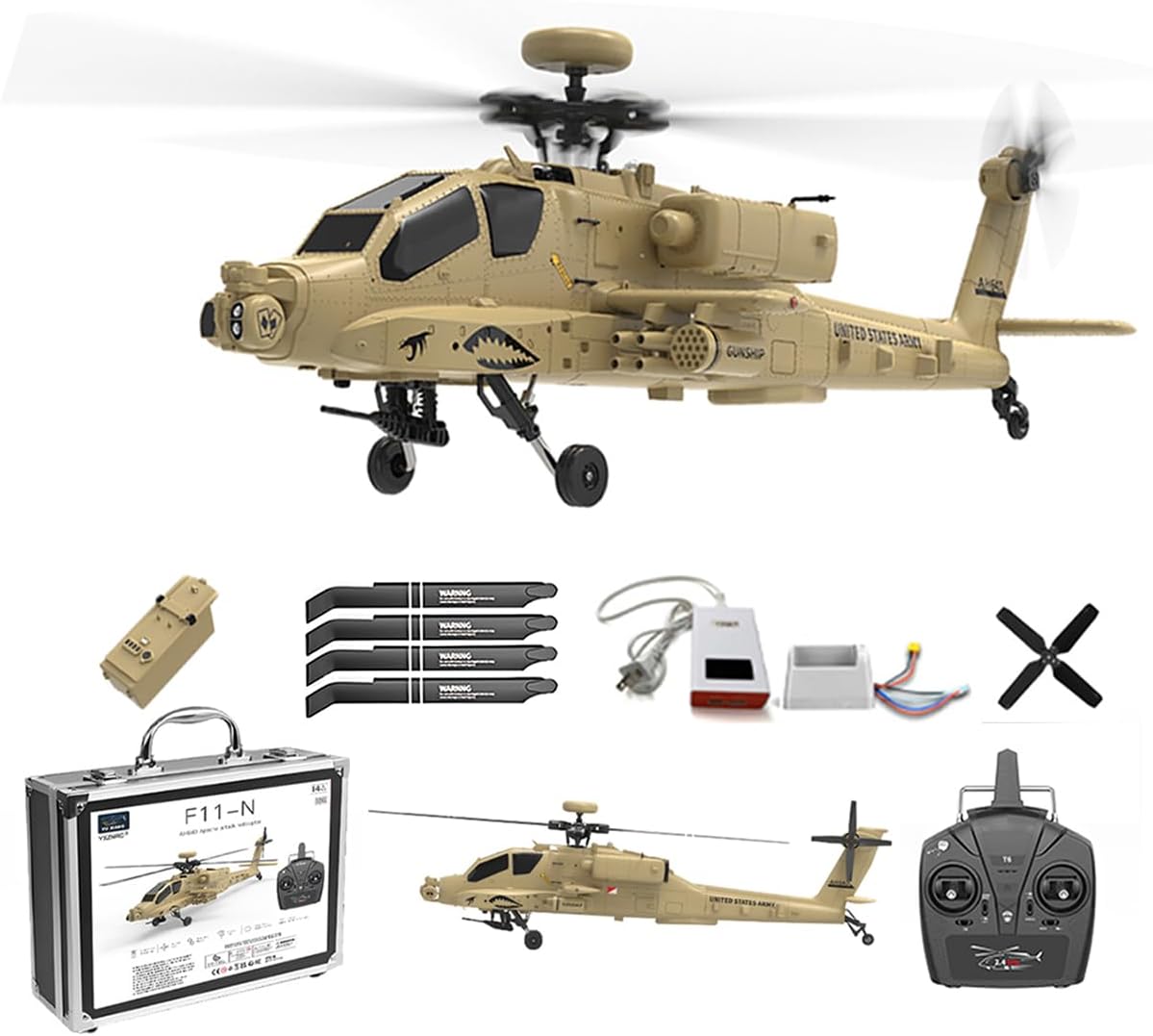 1/32 RC F11-N AH64 Helicopter, 2.4G 6CH Dual Rotor Military Aircraft, 6G/3D Flight with Optical Flow Altitude Hold, Desert Yellow Apachhe Helicopter