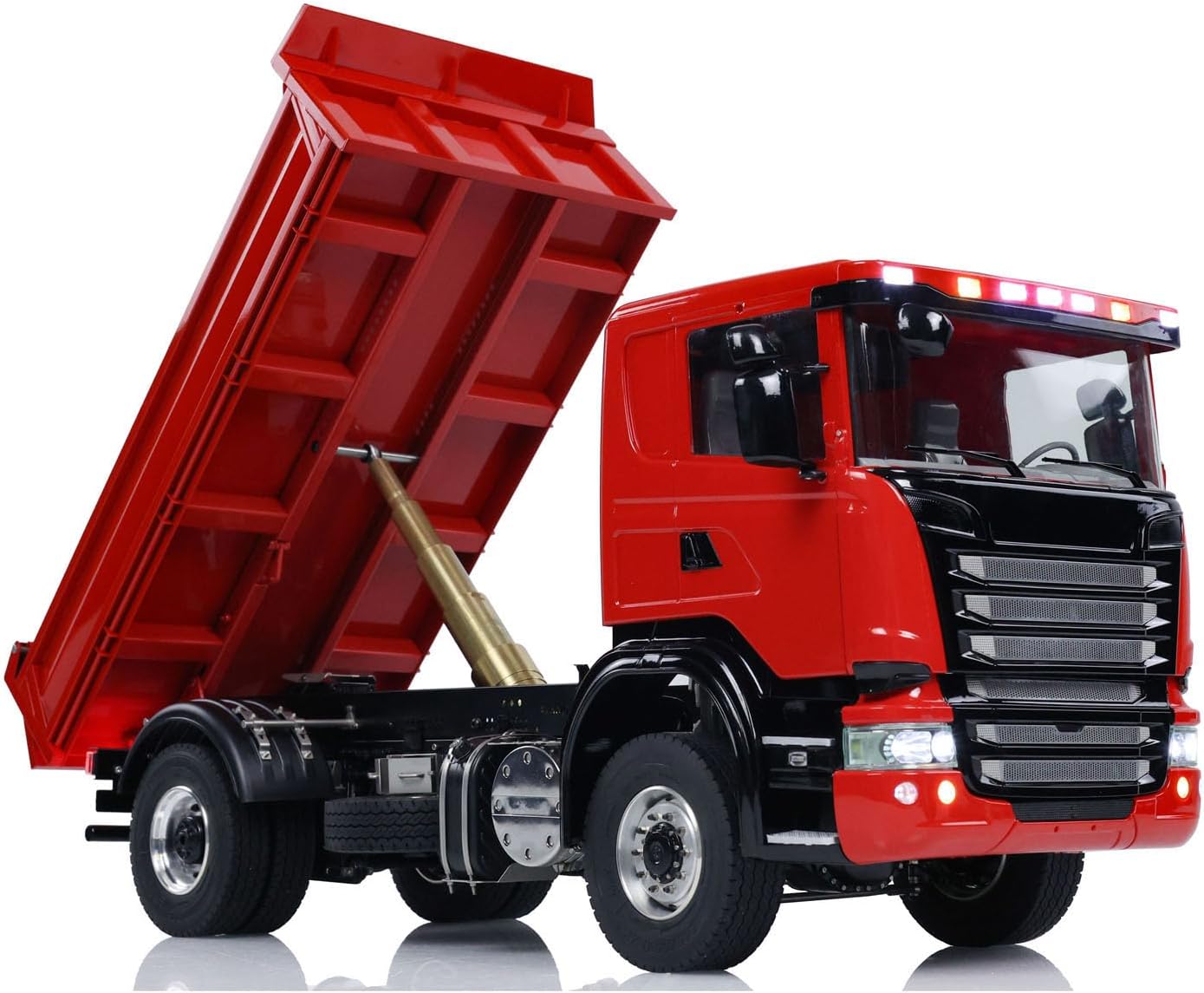 1/14 4x4 RC Hydraulic Dumper Car Remote Control Dump Truck Metal Tipper Model 3-Speed Transmission Differential Lock Axles Light Sound System Hobby Grade Model for Adult(Red)