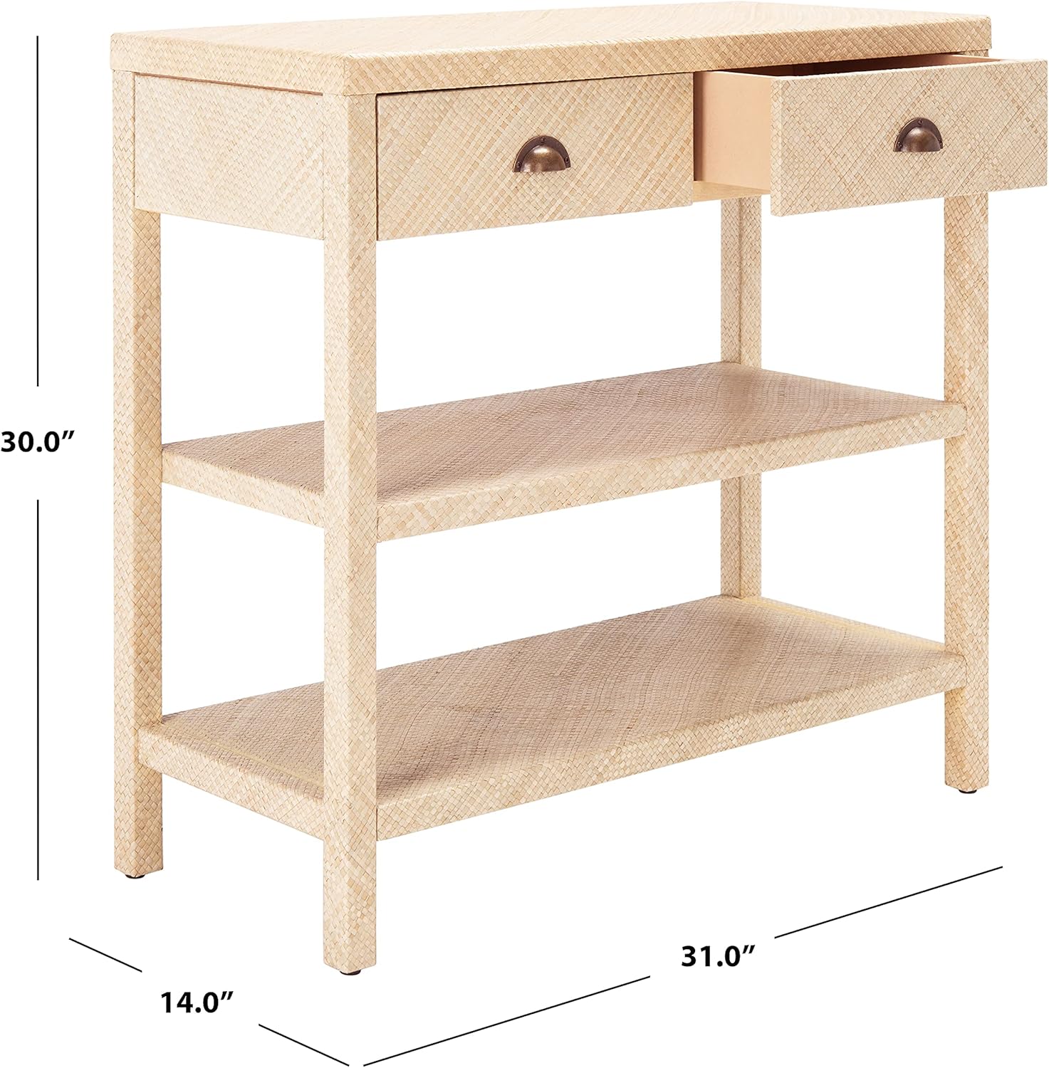 SAFAVIEH Home Collection Apis Light Natural Raffia/Gold 2-Drawer 2-Shelf Bookcase Console Table (Fully Assembled)