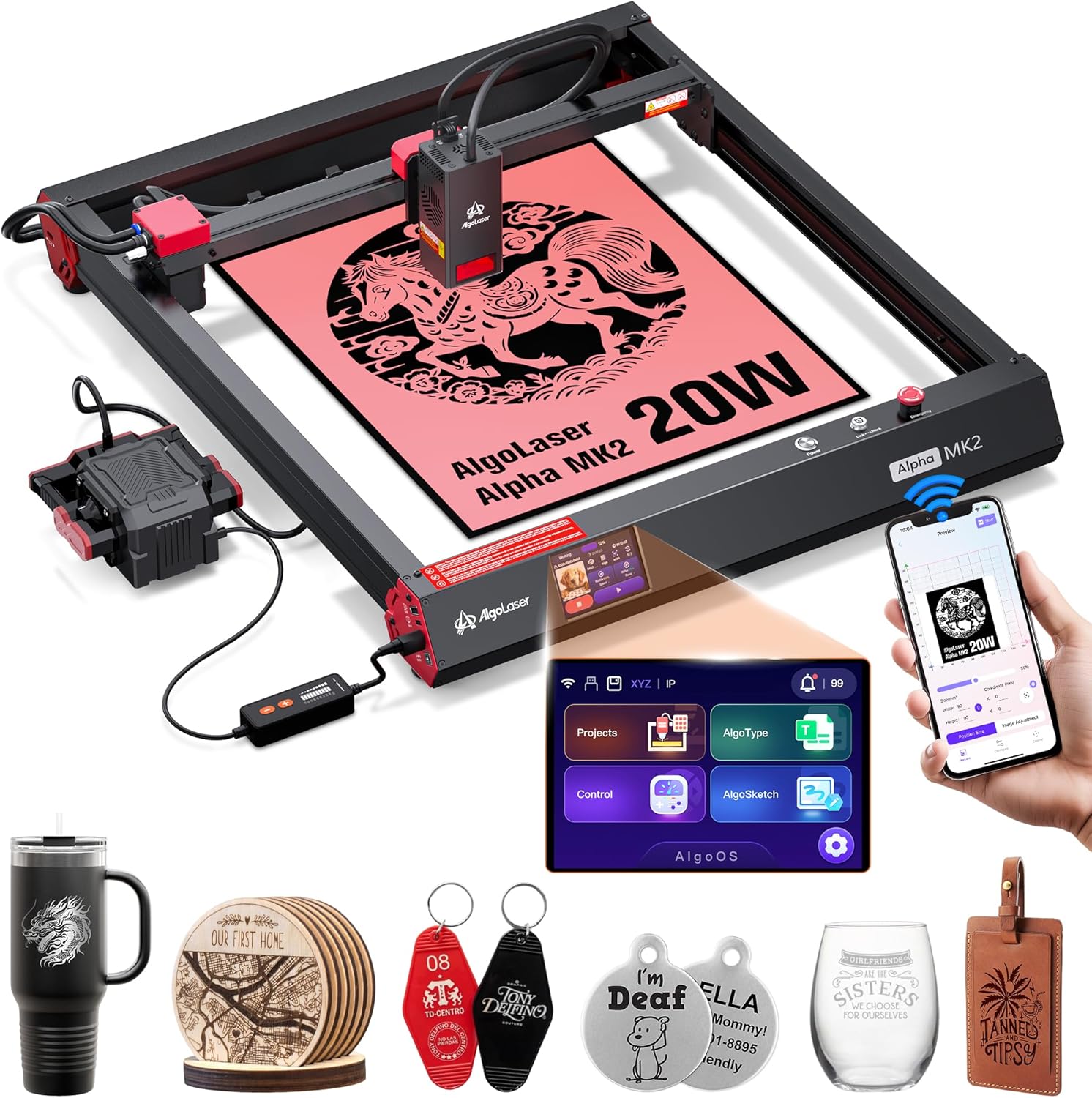 AlgoLaser Smart Laser Engraver, 20W Class 1 Laser Ccutter Machine, Built-in System, no Computer Required, Works on Metal, Wood, Acrylic, Leather, Includes air Pump Accessory.