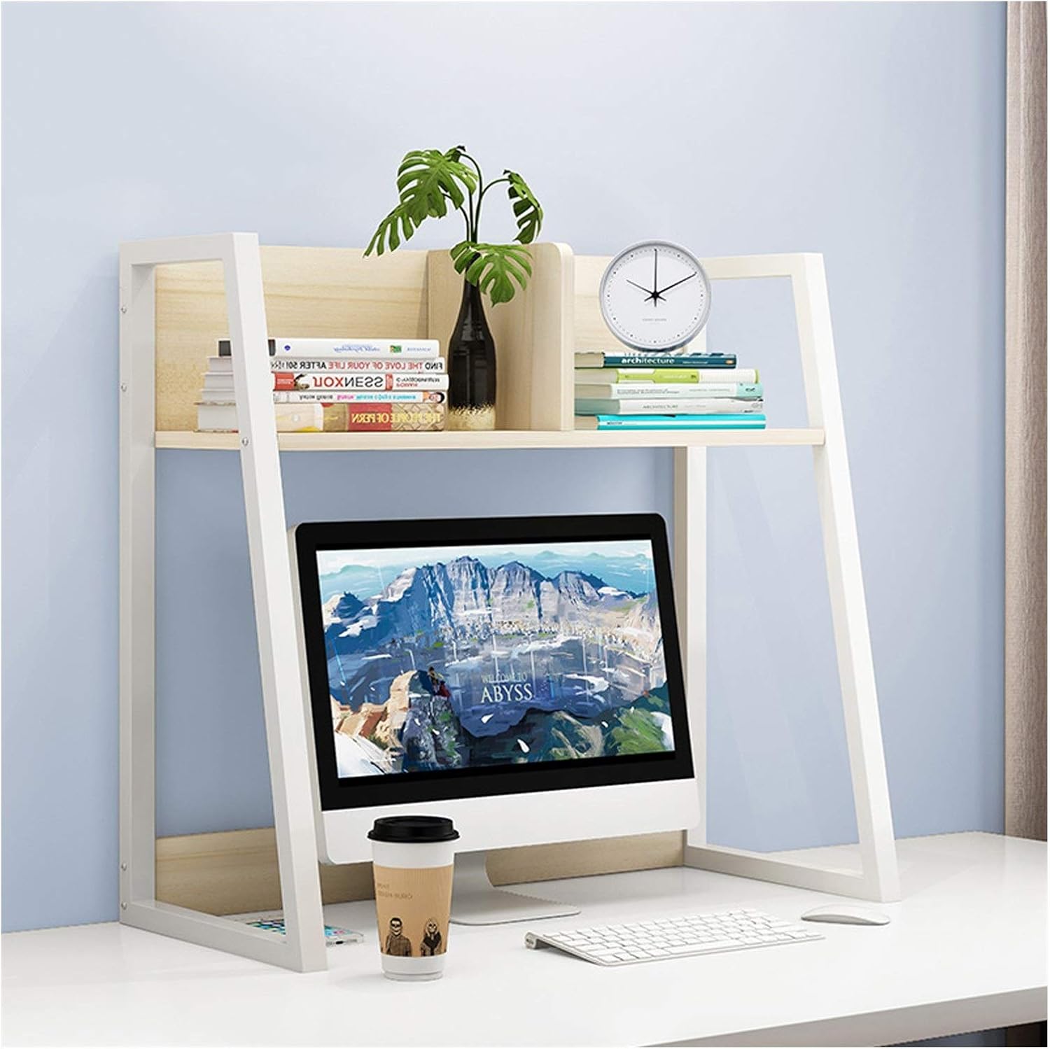 RJYYYDS Office Dormitory Multifunctional Shelf Storage Rack Desktop Organizer with Metal Frame Large Capacity Adjustable Countertop Bookcase, White