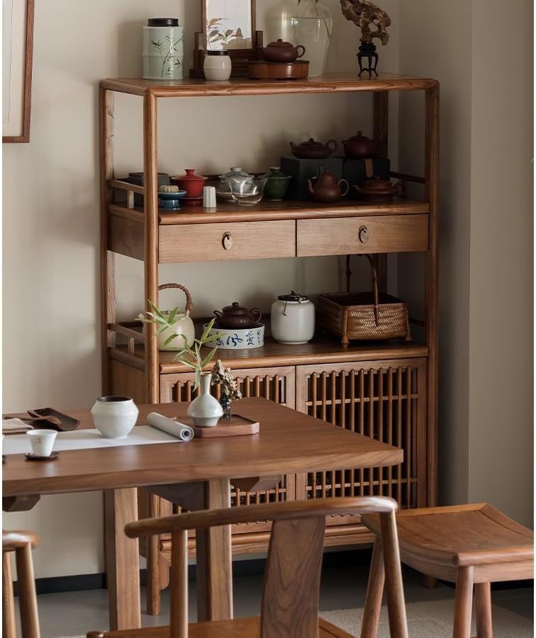 YOUQUEEN Book Shelf Chinese Style Wooden Bookshelf Tea Set Rack Tea Cabinet Display Cabinet Elm Side Cabinet Bookcase Bookshelves and Bookcases