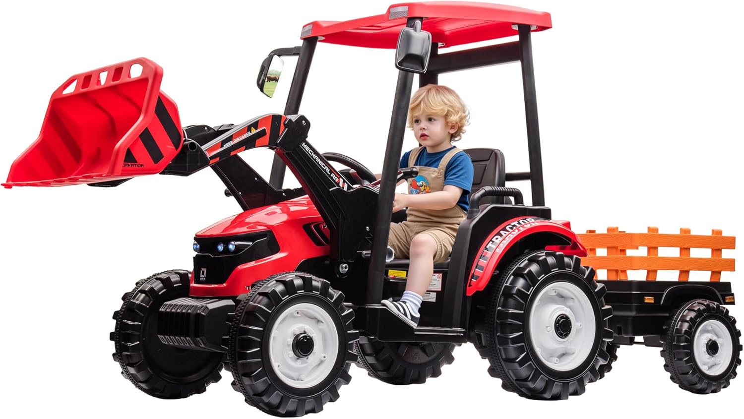 SPECRAFT 24V Kids Tractor with Trailer & Front Loader, 3-in-1 Electric Construction Vehicle with Remote Control, 4-Gearbox, Dual Motors, Metal Frame, Ride-on Toy for Big Kids (Red)