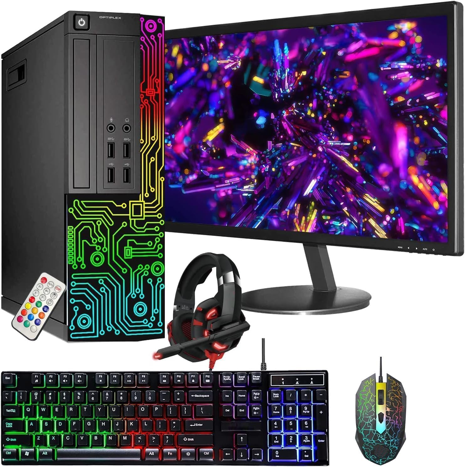 Dell OptiPlex Desktop RGB Computer PC, Intel Core i7 Quad-Core Processor, 16GB RAM, 512GB SSD, 24 Inch HDMI Monitor, RGB Keyboard Mouse and Headset, WiFi, Windows 11 Pro (Renewed)