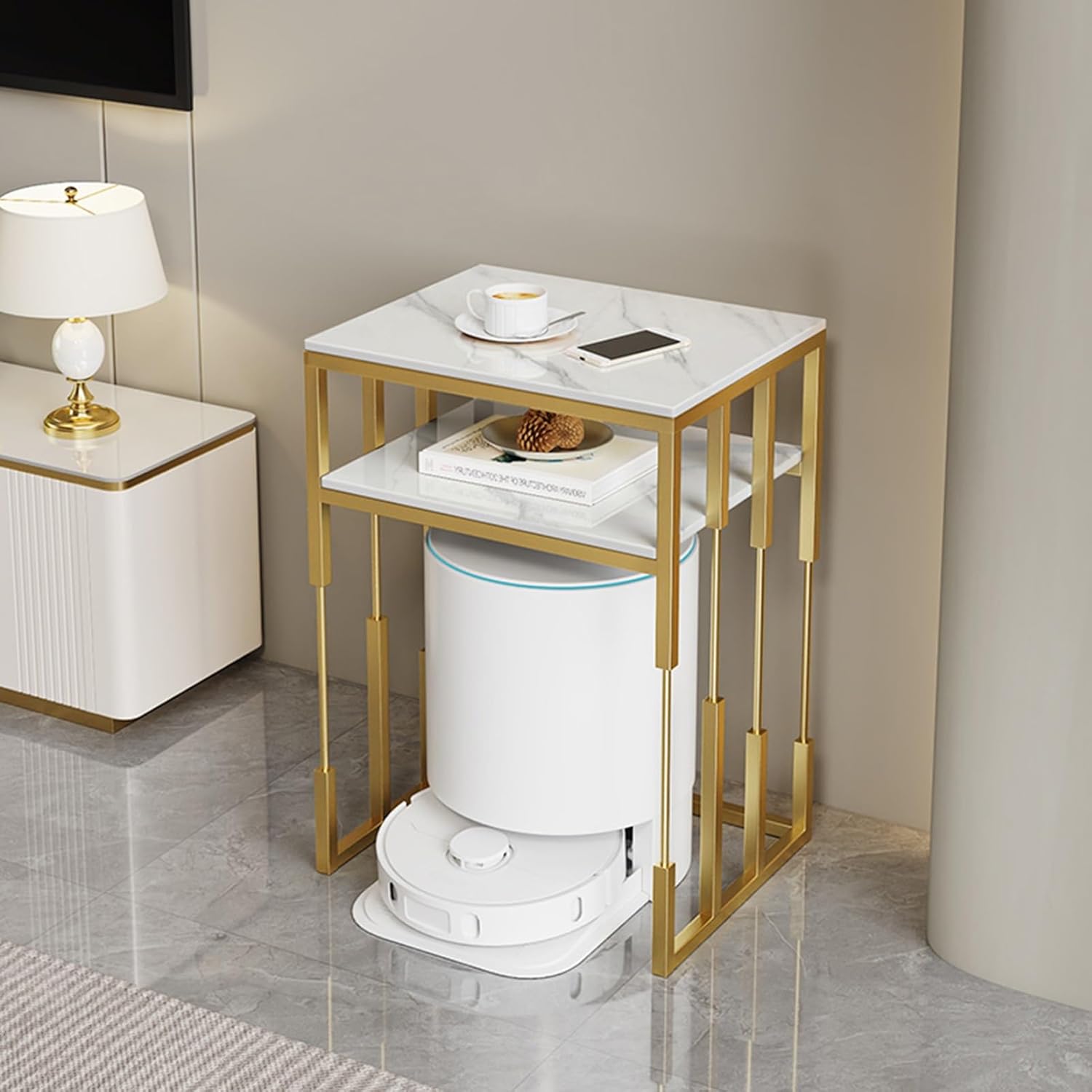 HARELA Metal Modern Robot Vacuum Storage Rack, Smart Floor Sweeper Hidden Storage Rack, for Bedroom, Living Room, Dorm Room, Hallway, Entryway, Easy to Change Water(Gold 1,40 * 60cm/15.7 * 21.6in)