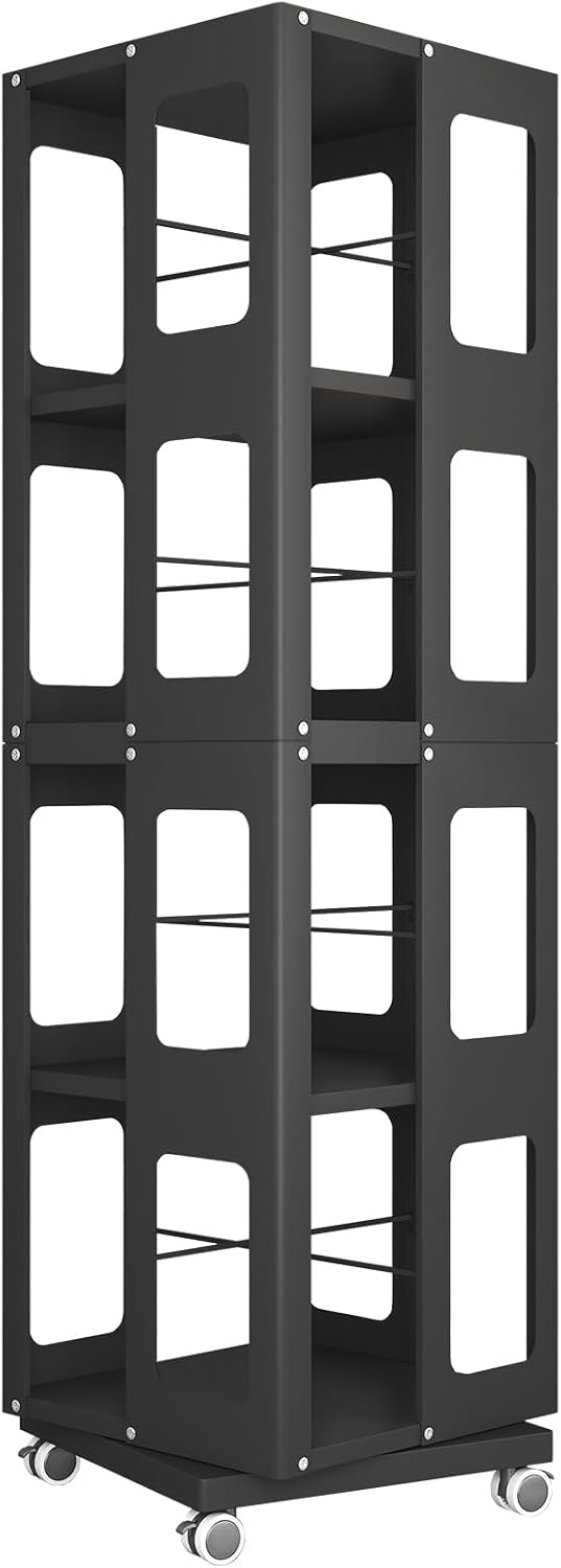 AJLDN 4-Tier All-Steel Rotating Bookshelf Tower with 360° Wheels, Large Capacity Spinning Bookcase, Sturdy & Spacious Corner Bookshelves and Bookcases, Easy Assembly,Black