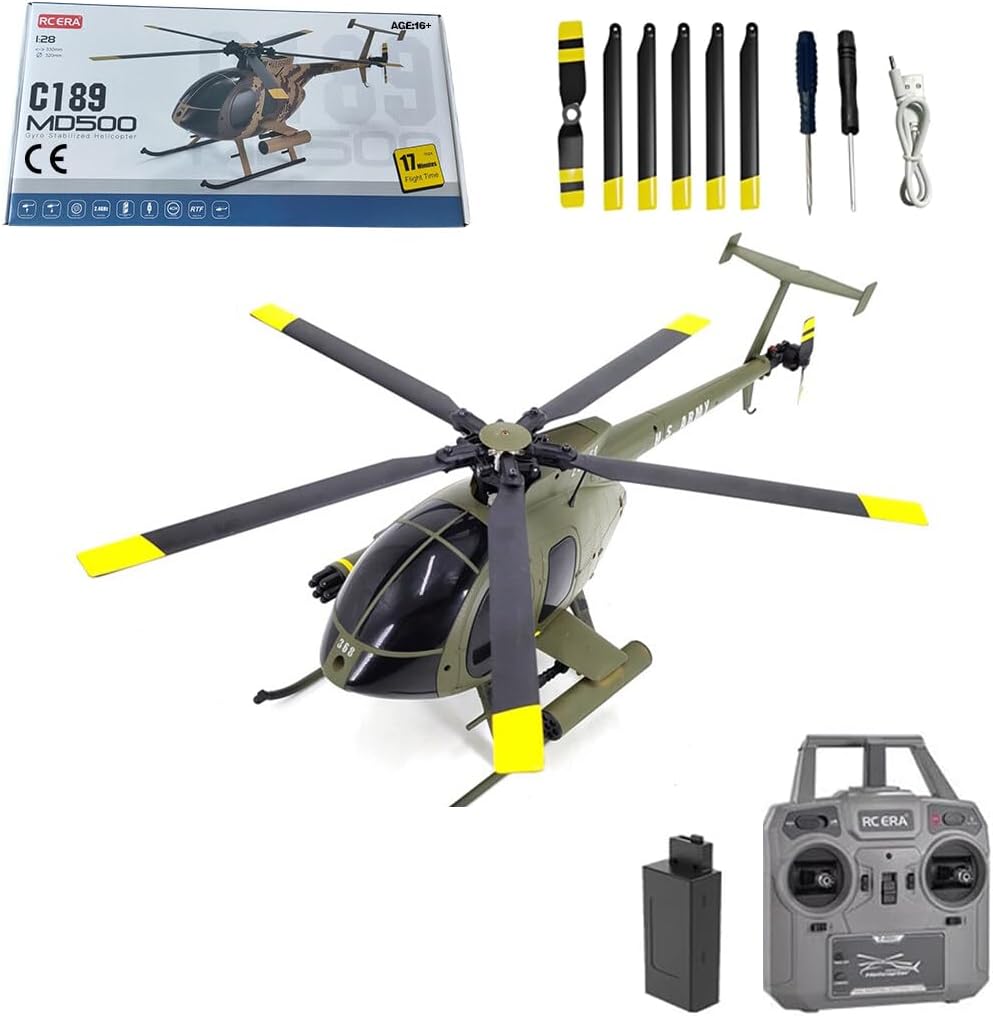 C189 MD500 1/28 Scale RC Helicopter – Brushless Motor with 6-Axis Gyro, Altitude Hold, One-Key Takeoff/Landing, Ready to Fly for Adults & Hobbyists(Army Green/1 Battery)