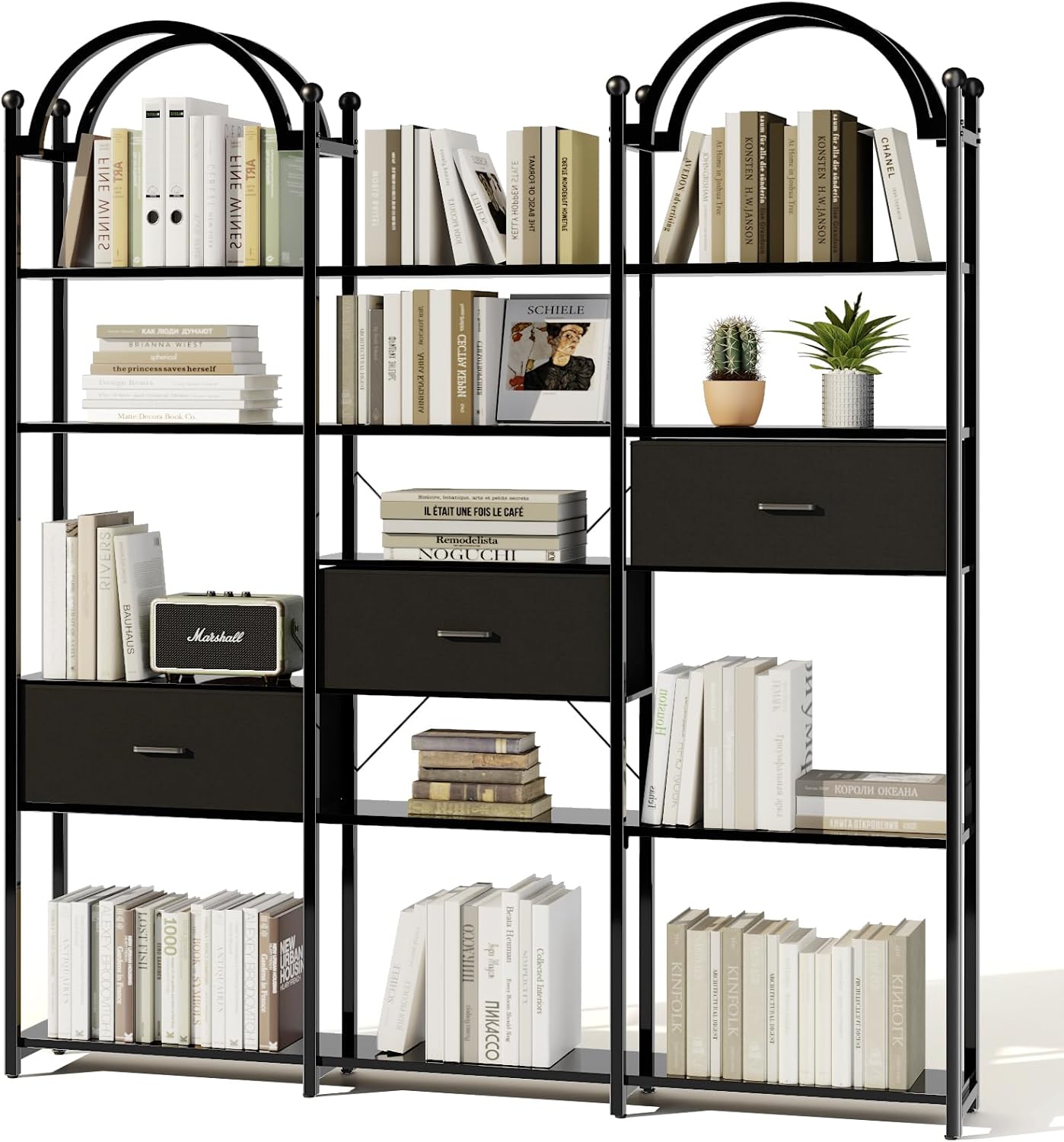 Varello Triple Wide 6 Tier Bookshelf, Black Arched Bookcase with 16 Open Display Shelves and 3 Fabric Storage Drawers, Large Industrial Bookshelf for Living Room & Home Office, Heavy-Duty Metal Frame