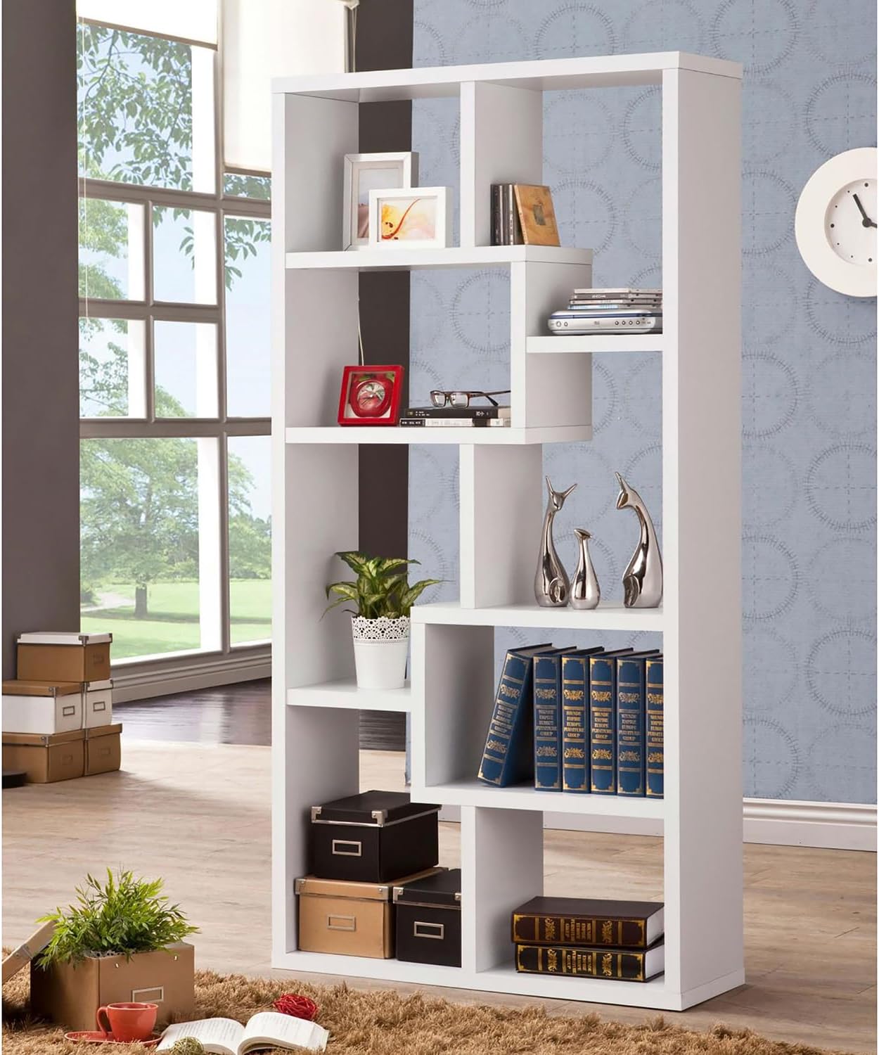 Transitional White 8-Shelf Standard Open Back Geometric Wood Bookcase