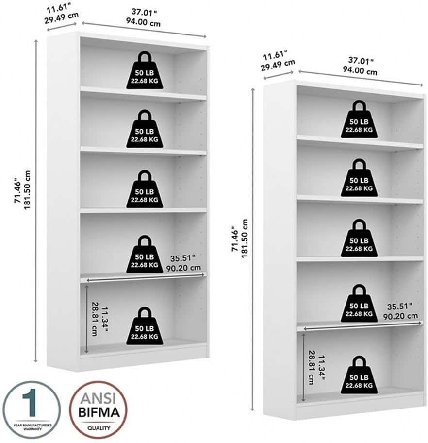 Pemberly Row Universal 5 Shelf Bookcase in Pure White (Set of 2)