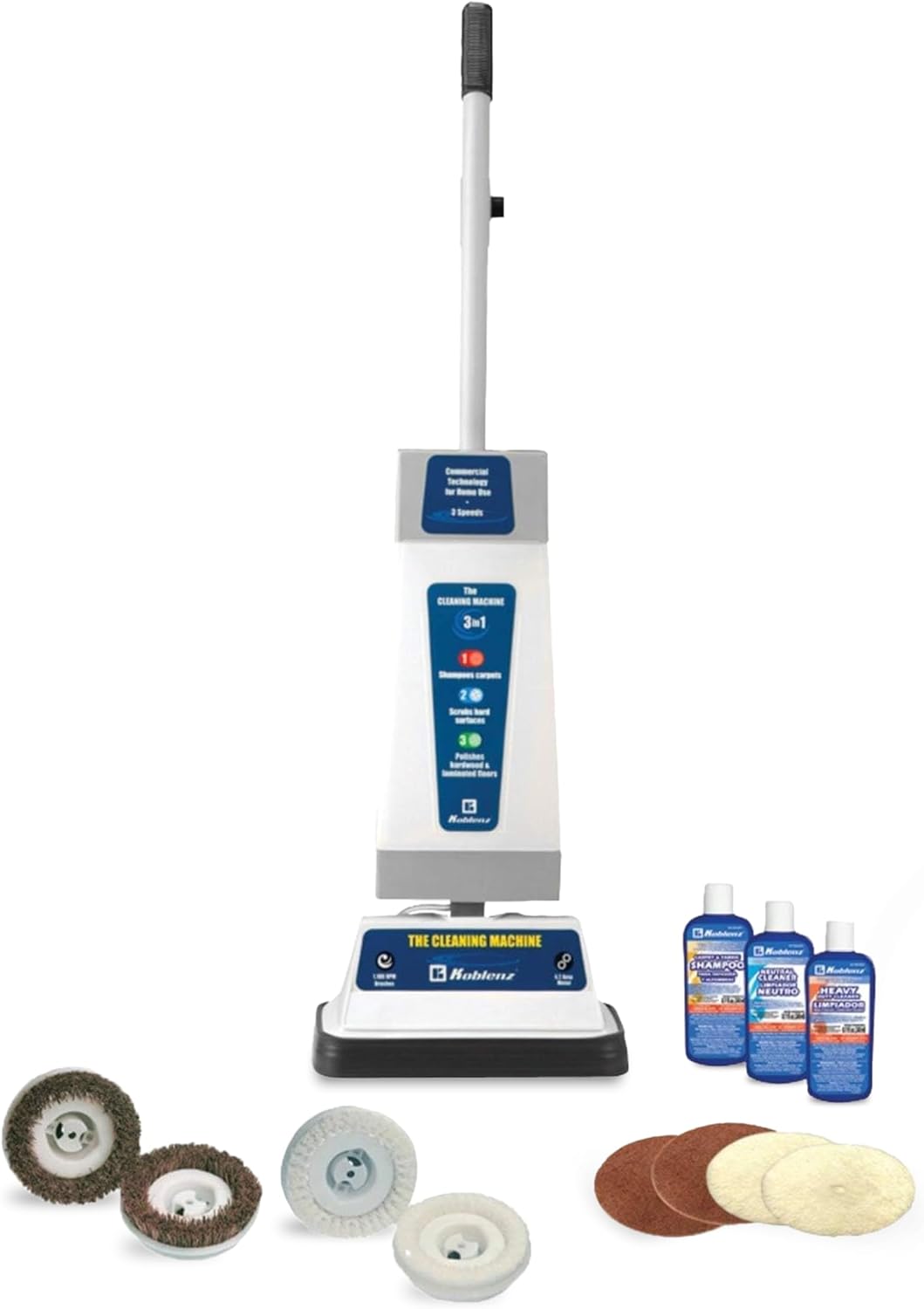 Koblenz Floor Shampooer and Polisher, Hard Floor Cleaner, Carpet Cleaning Machine with Scrubbing Brushes, Polishing Pads, and Carpet Shampoo, 3 Speeds, Blue/Gray (P-820 BA)
