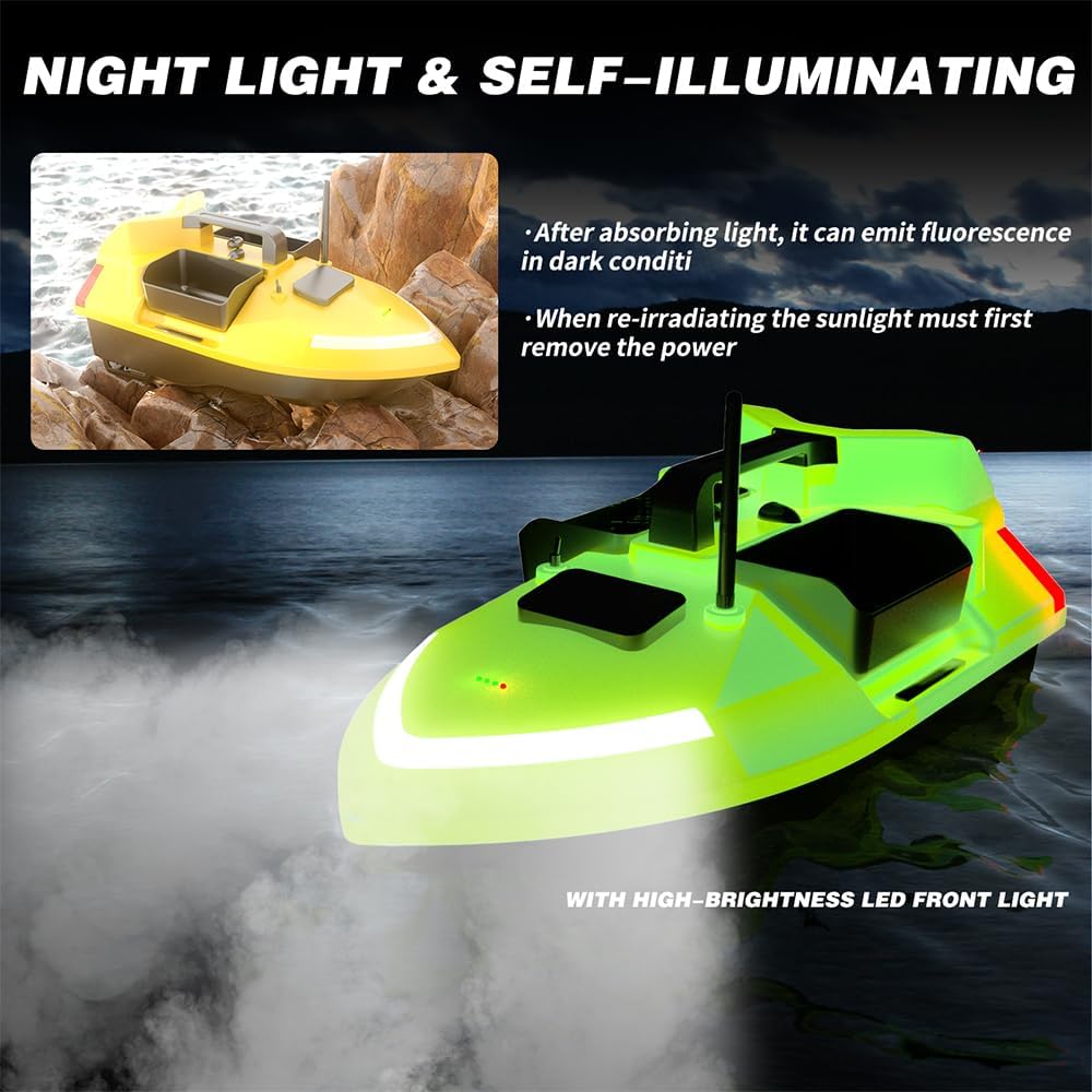 Bait Boat V020 Glow in The Dark, RC Fishing Boat GPS with Dual Motors, 12000mAh Battery, 546 Yards Range, Triple Bin 4.4 Lbs Capacity, Fluorescence Effect