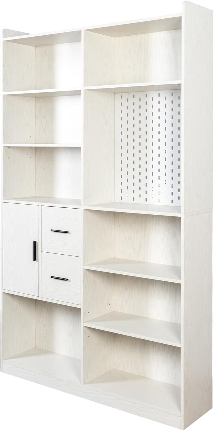 Bookshelf and Bookcase, 9 Cubby Pantry Cabinet with Pegboard & 3 Deep Drawers, Modern Wood Shelving Unit for Living Room/Kitchen/Dining Room/Study Room(White,47.17