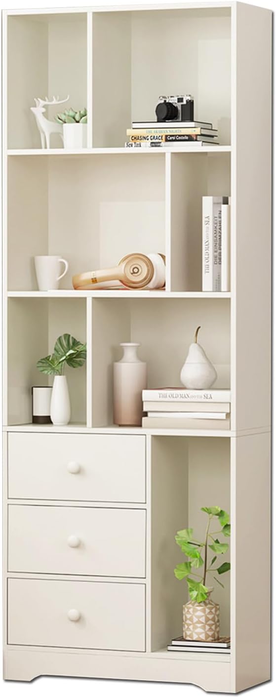 6-Tier Vertical Bookshelf, Wooden Narrow Bookcase with Storage Cabinet, Large Storage Organizer for Library Bedroom Living Room Office(White)